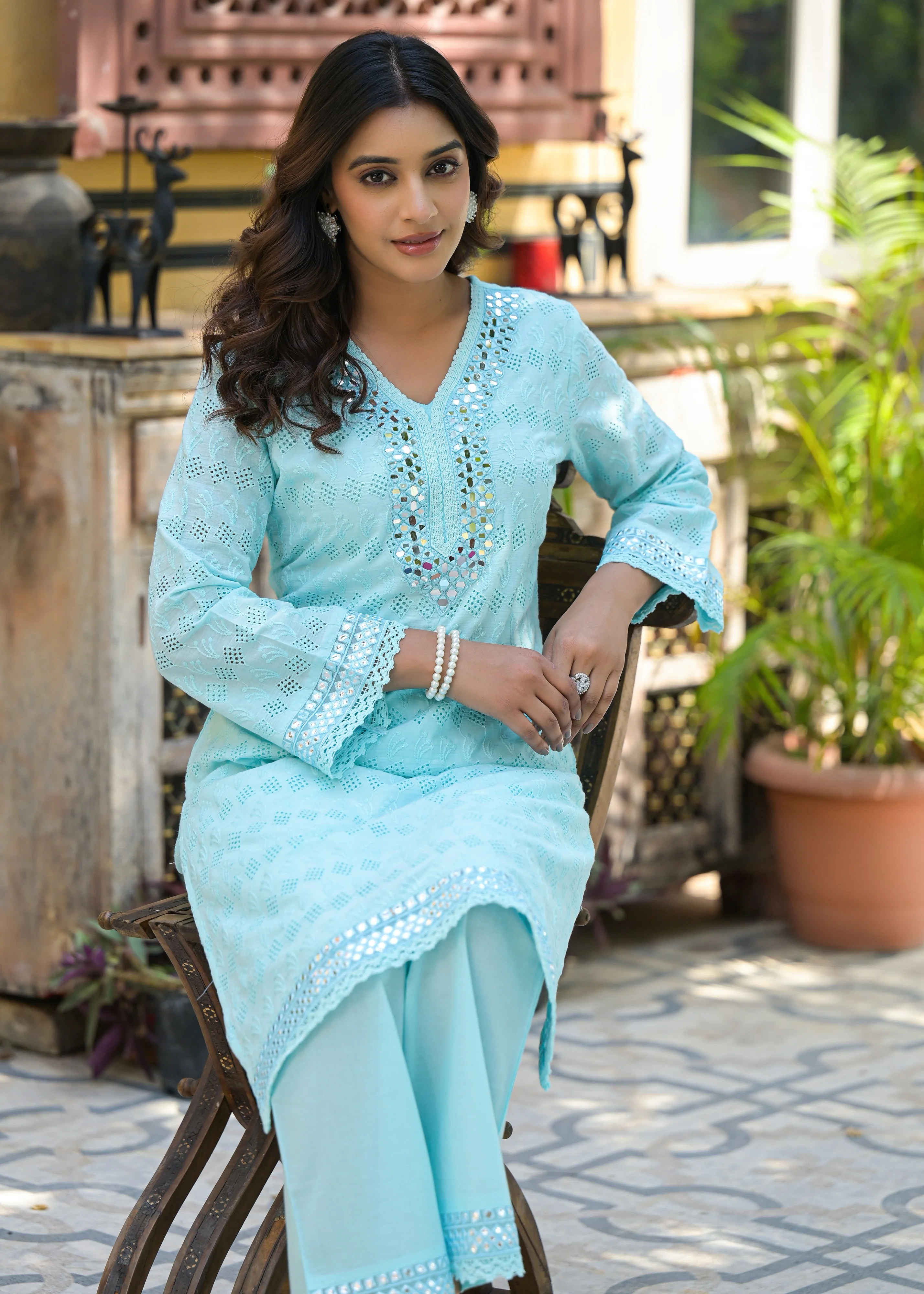 Sanmati Sky Cotton Mirror Schiffli Co-ord Set - Image 7