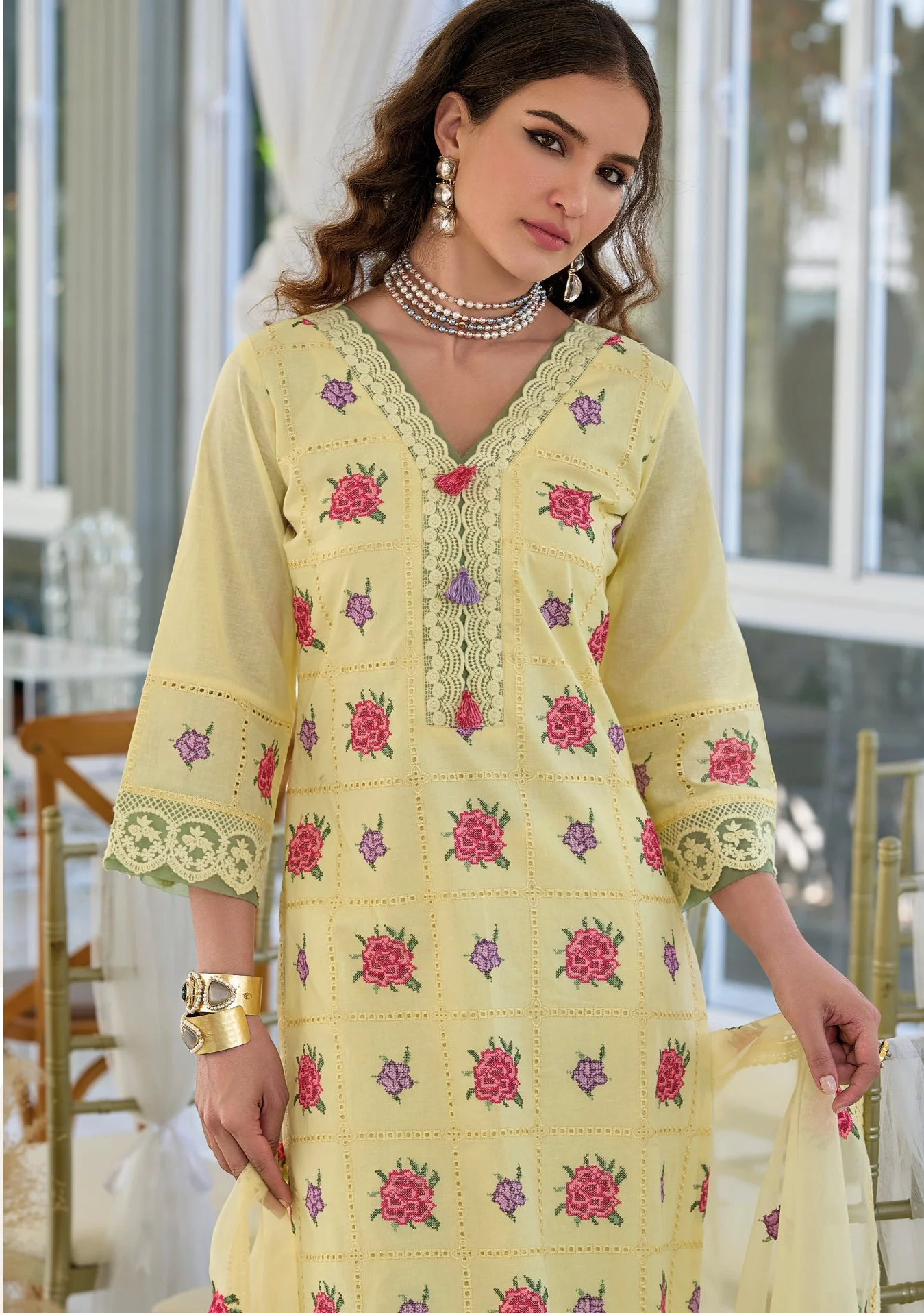 Sargam Lime Embroidery Cotton Suit Set - Image 2