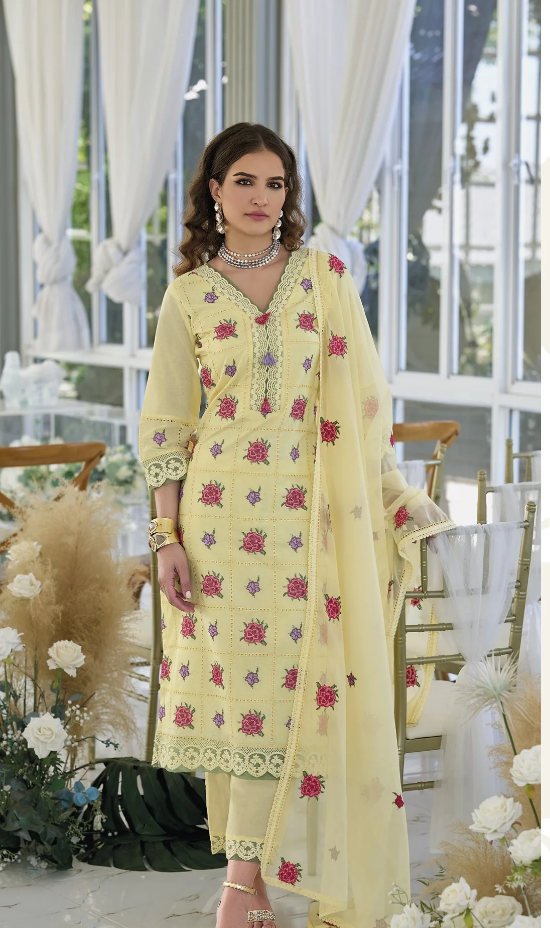 Sargam Lime Embroidery Cotton Suit Set - Image 5