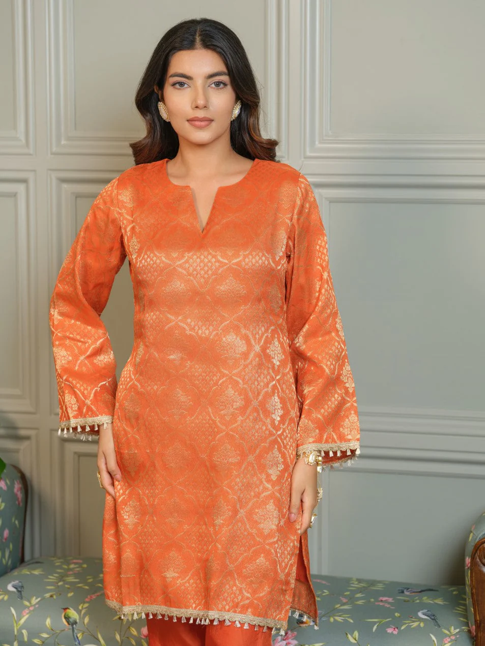 Palash Tangerine Jacquard Top Co-ord Set - Image 2