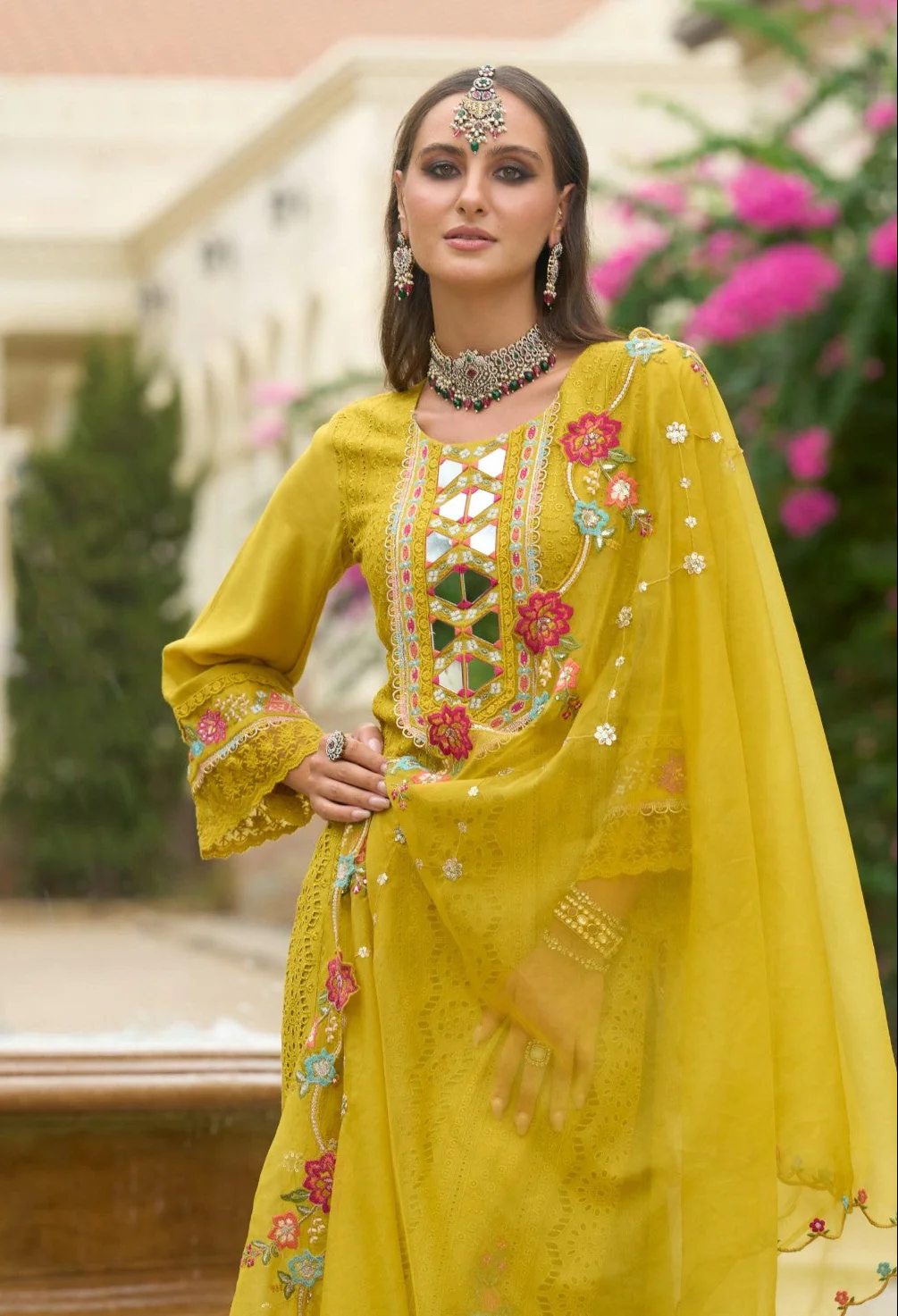 Chandrani Marigold Schiffli Full Work Suit Set - Image 2