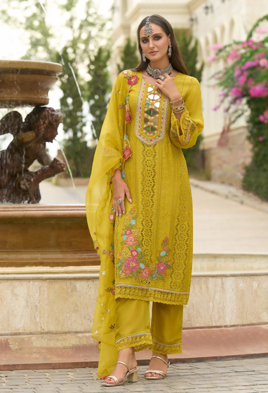 Chandrani Marigold Schiffli Full Work Suit Set - Image 3
