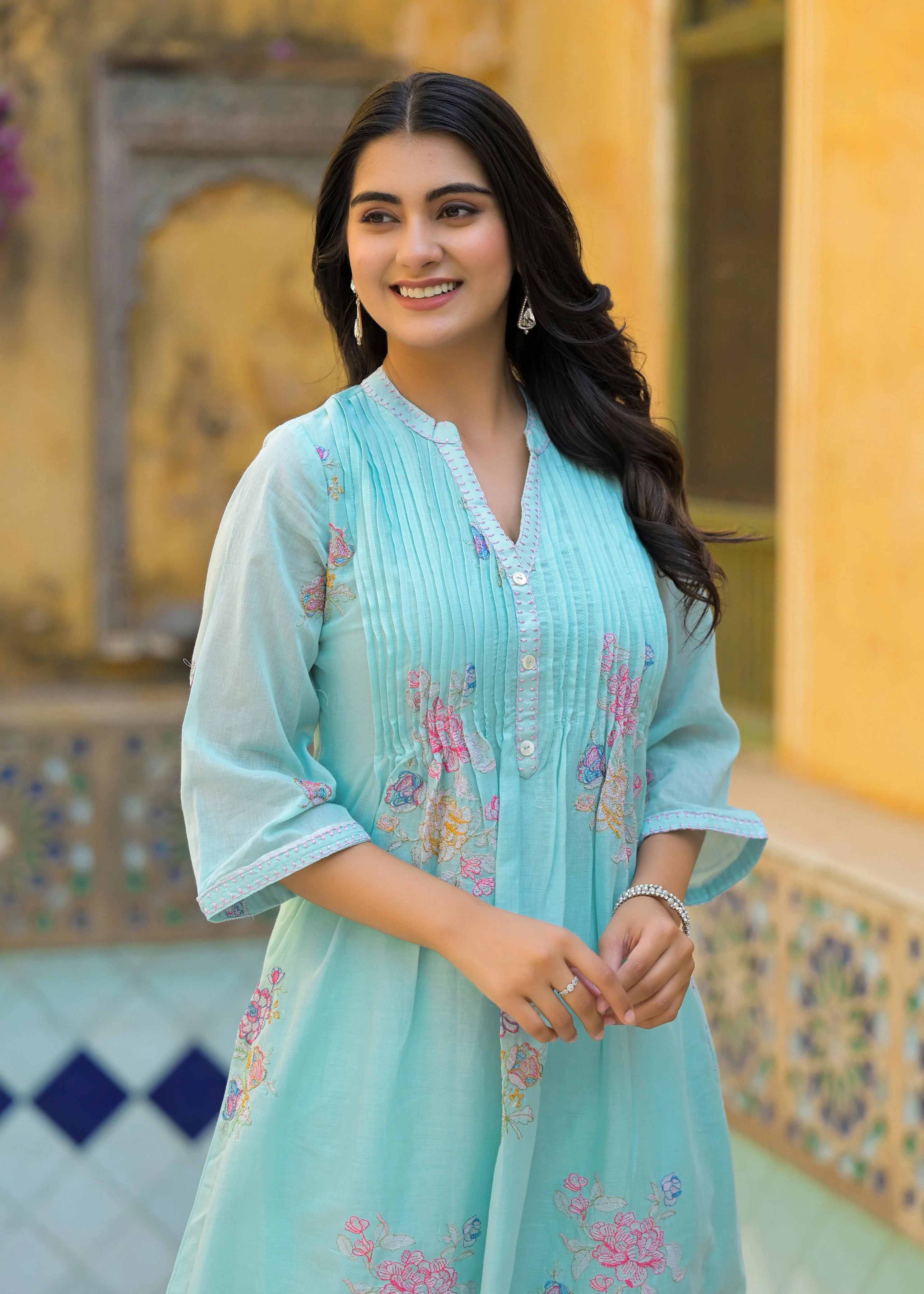 Lakshita Aqua Embroidery Cotton Co-ord Set - Image 2