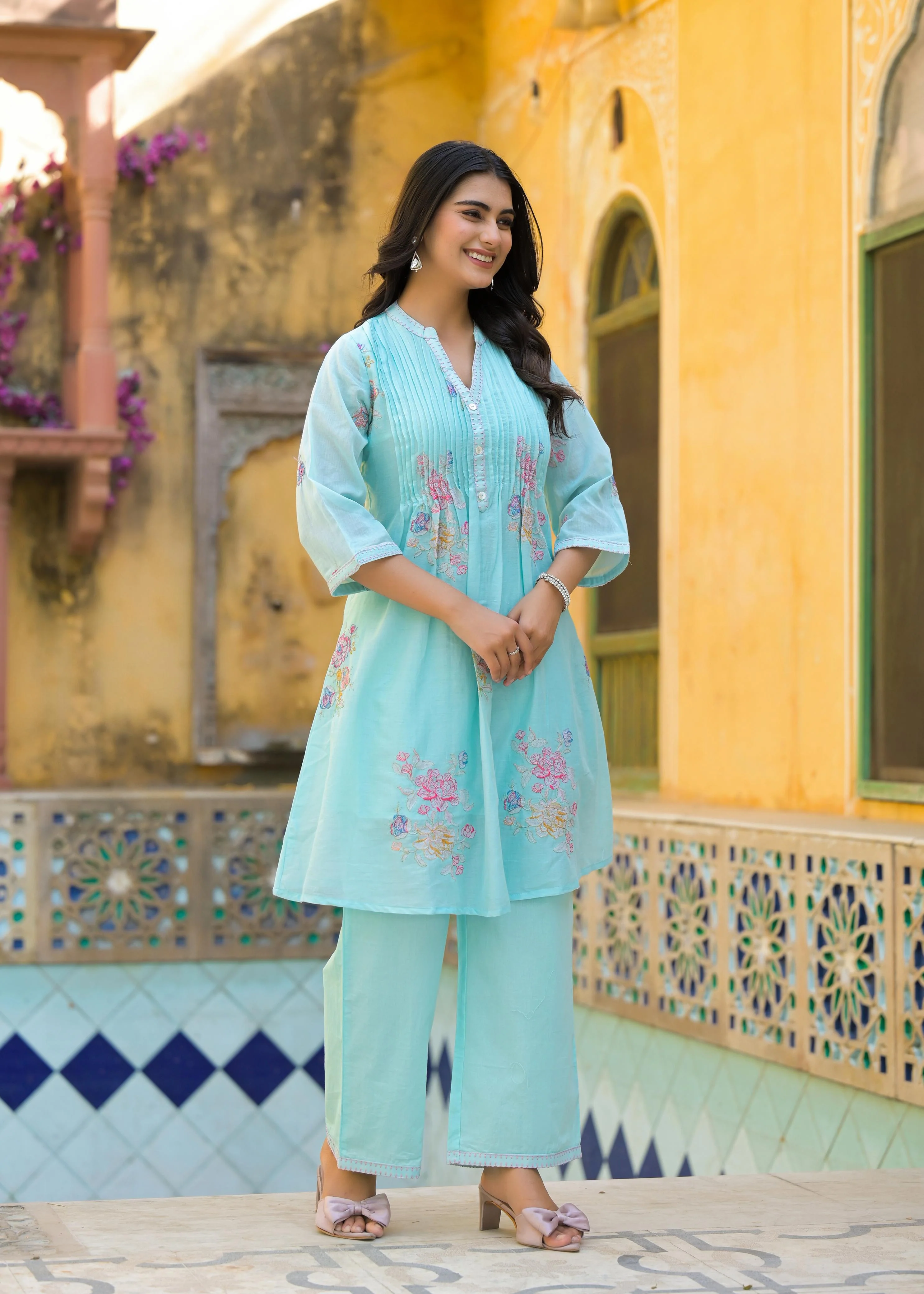 Lakshita Aqua Embroidery Cotton Co-ord Set - Image 3