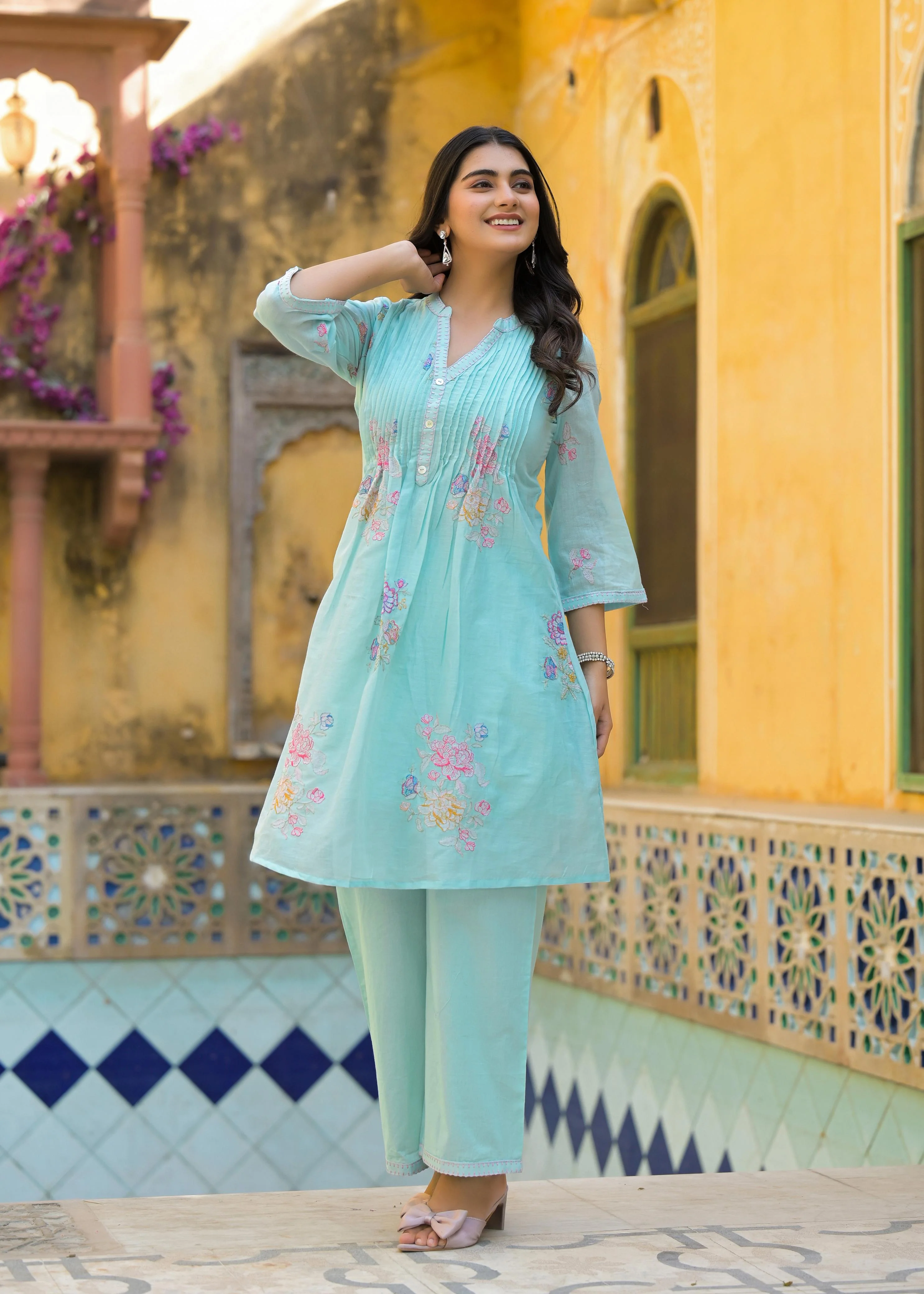 Lakshita Aqua Embroidery Cotton Co-ord Set - Image 5