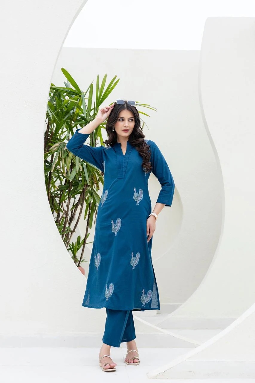 Mokabara Azure Embrodiery Cotton Kurta Pant Set - Image 5