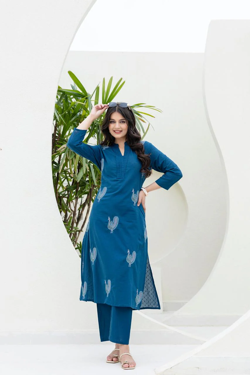 Mokabara Azure Embrodiery Cotton Kurta Pant Set - Image 7