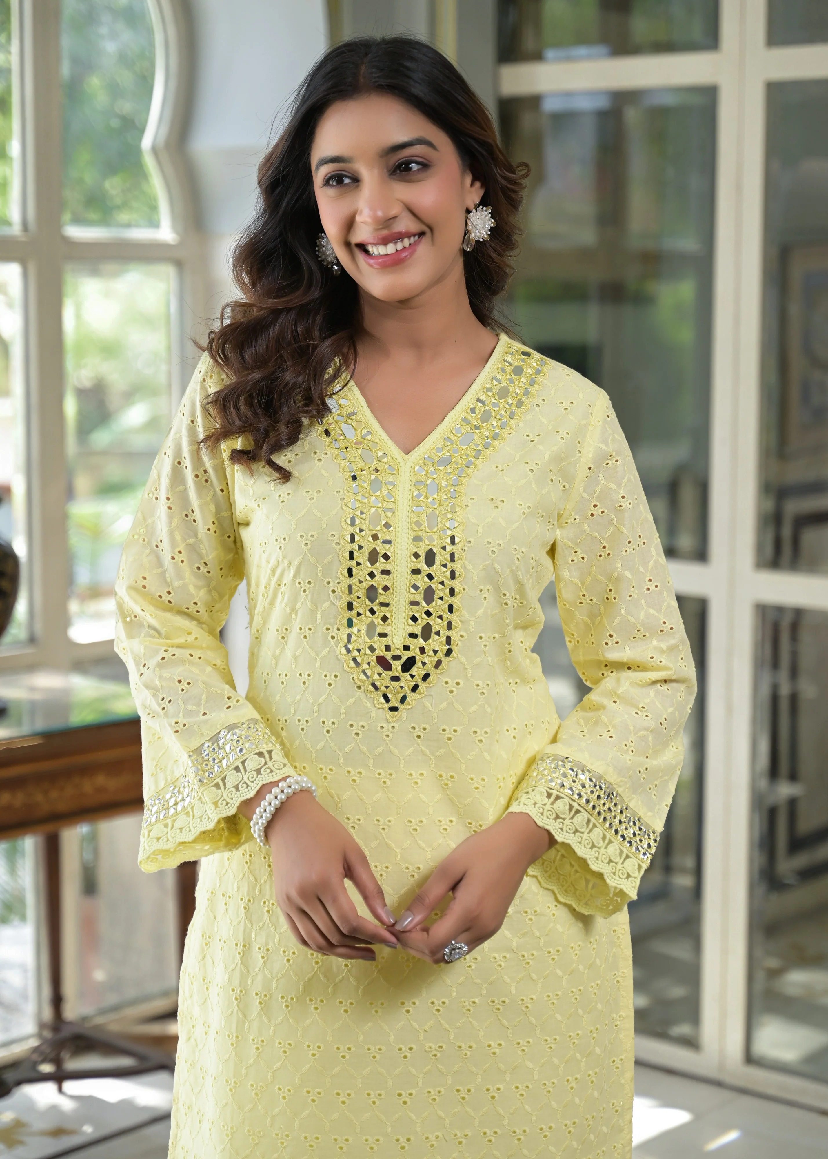 Sanmati Lime Cotton Schiffli Mirror work Co-ord Set - Image 2