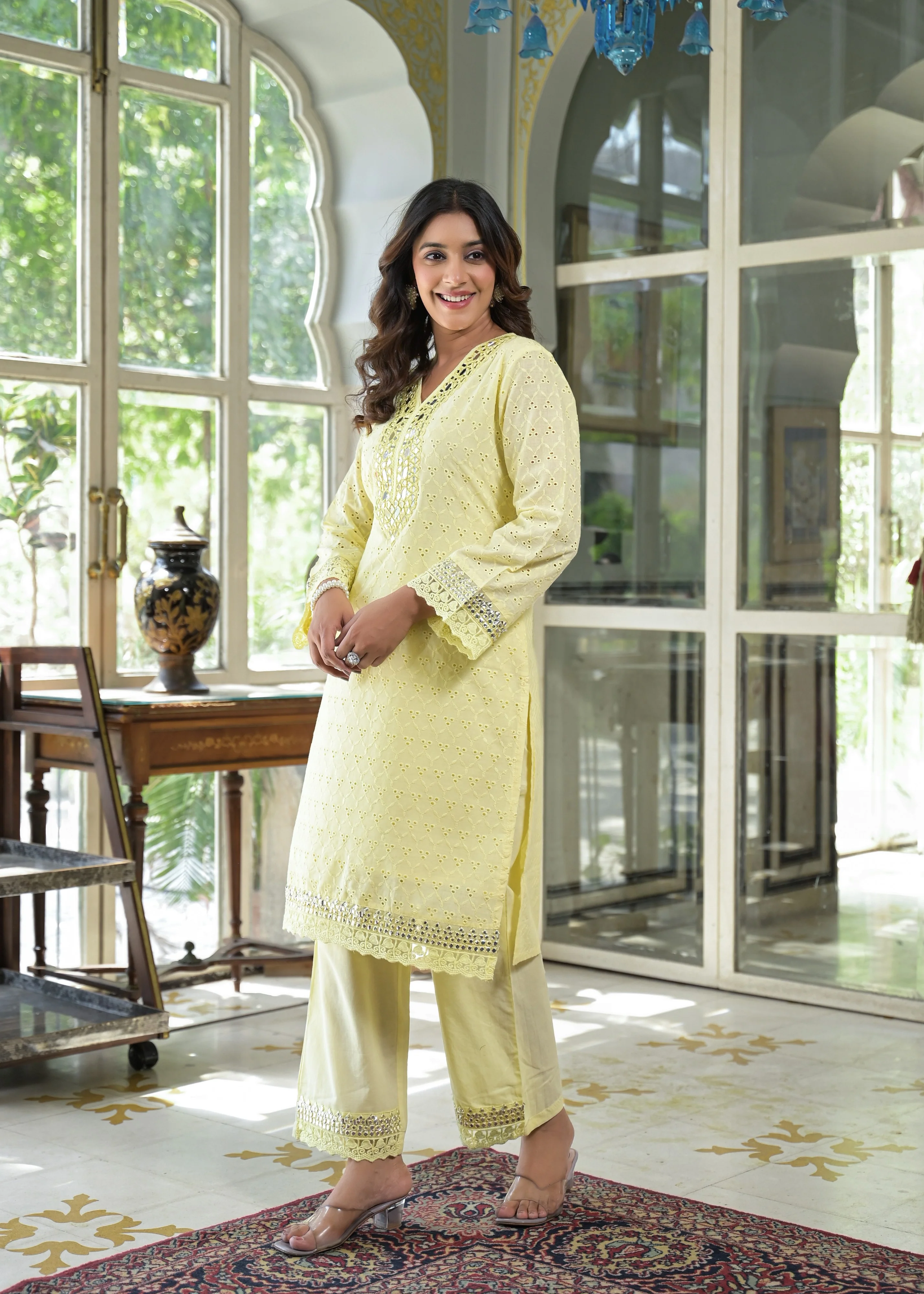 Sanmati Lime Cotton Schiffli Mirror work Co-ord Set - Image 4