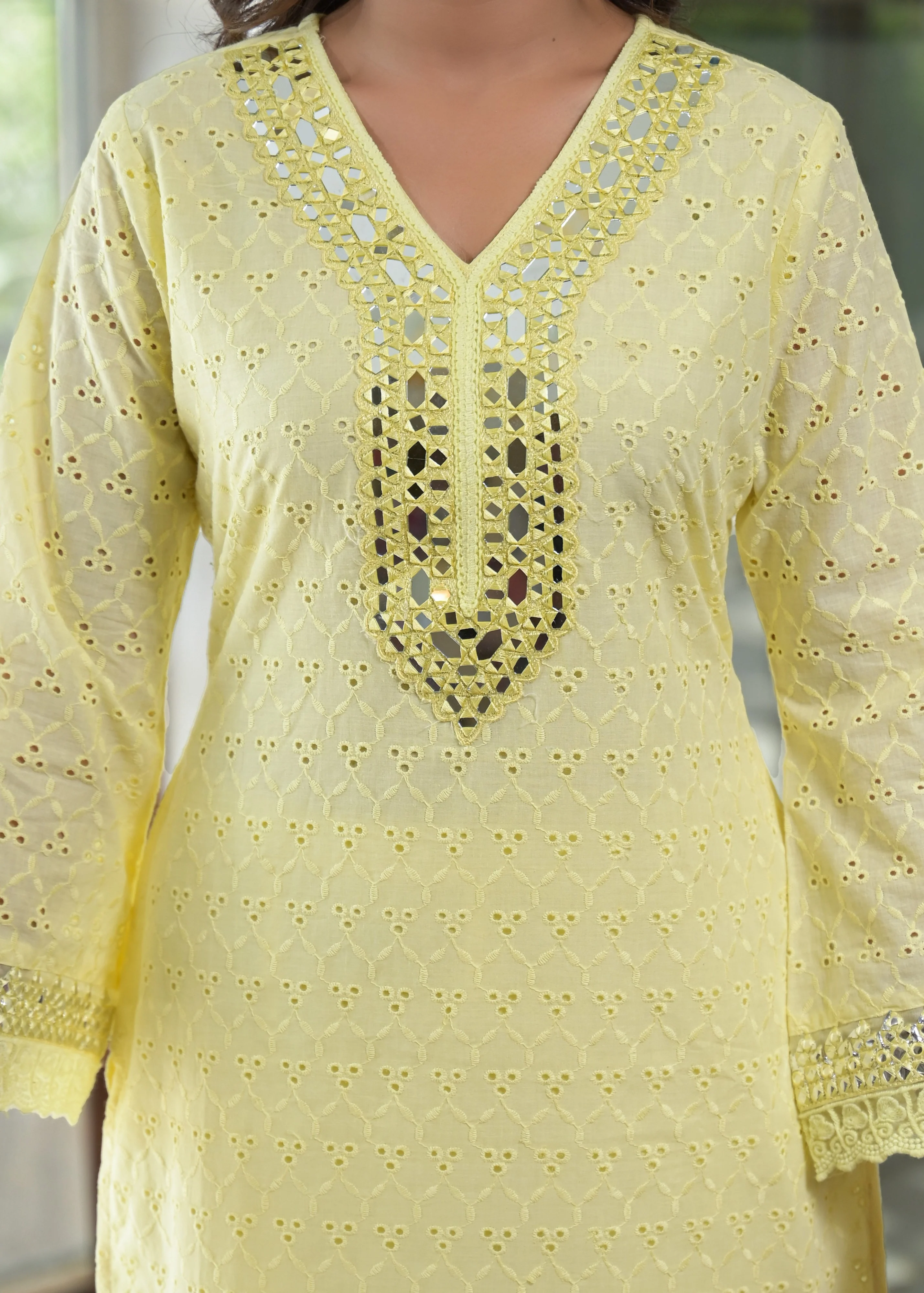 Sanmati Lime Cotton Schiffli Mirror work Co-ord Set - Image 5