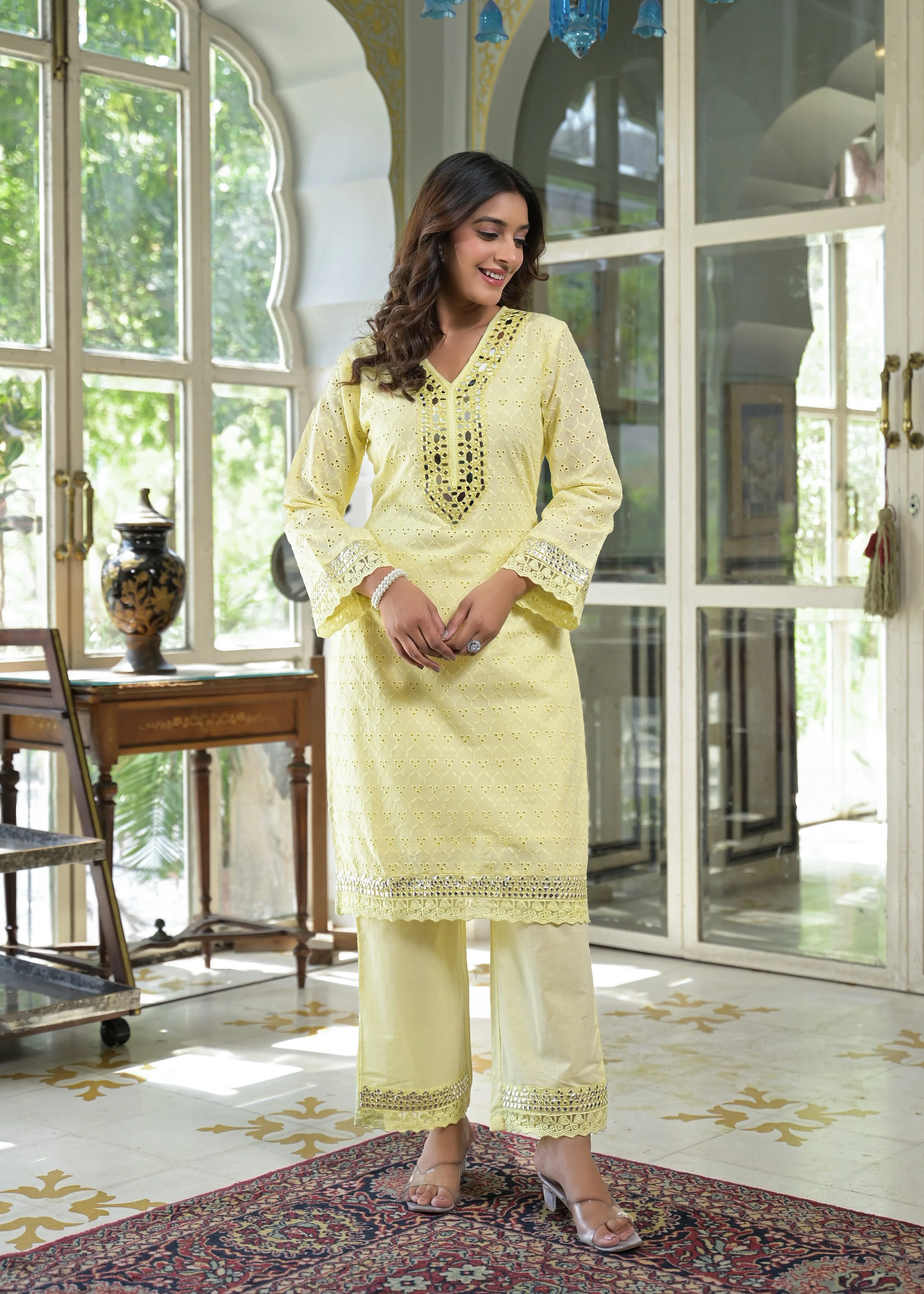 Sanmati Lime Cotton Schiffli Mirror work Co-ord Set - Image 6
