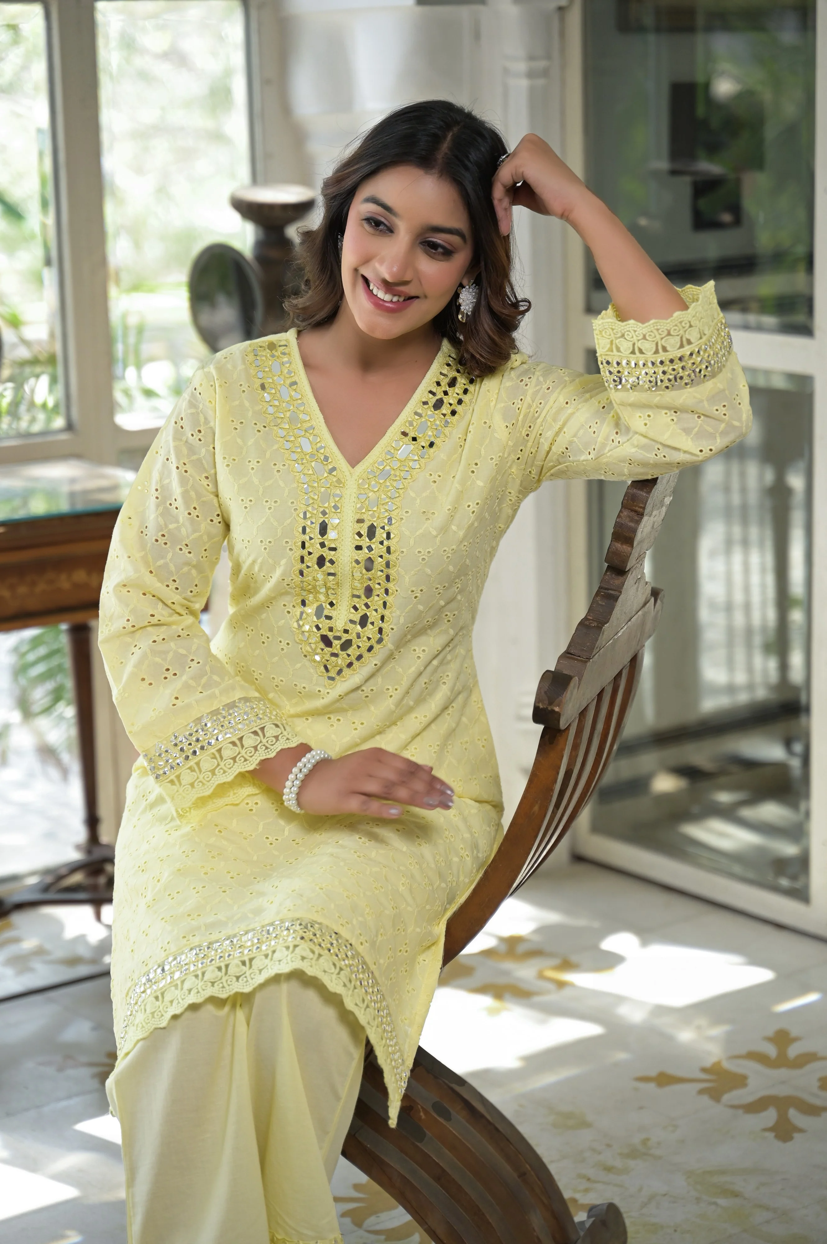 Sanmati Lime Cotton Schiffli Mirror work Co-ord Set - Image 8