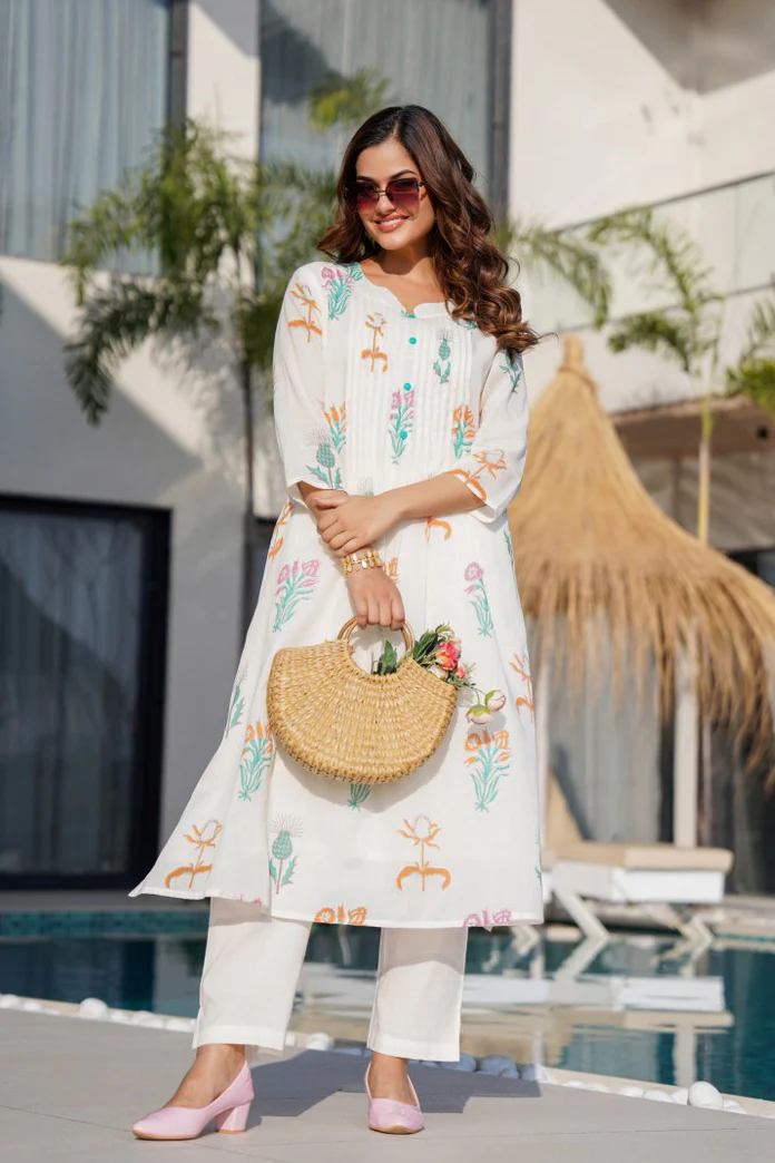 Tiara Dove Printed Cotton Kurta Pant Set - Image 2