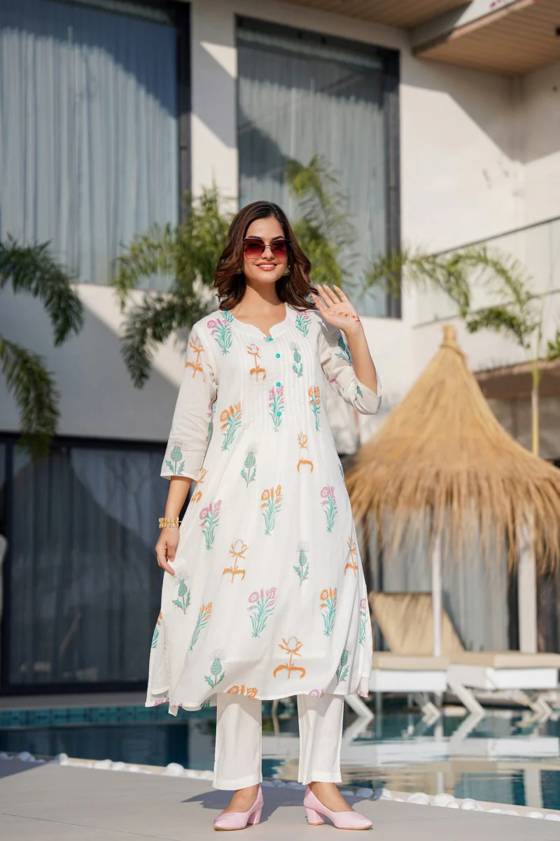 Tiara Dove Printed Cotton Kurta Pant Set - Image 7