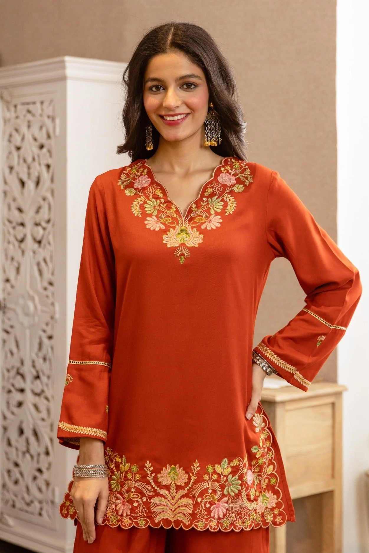 Karen Apricot Embroidery Cotton Co-ord Set - Image 2