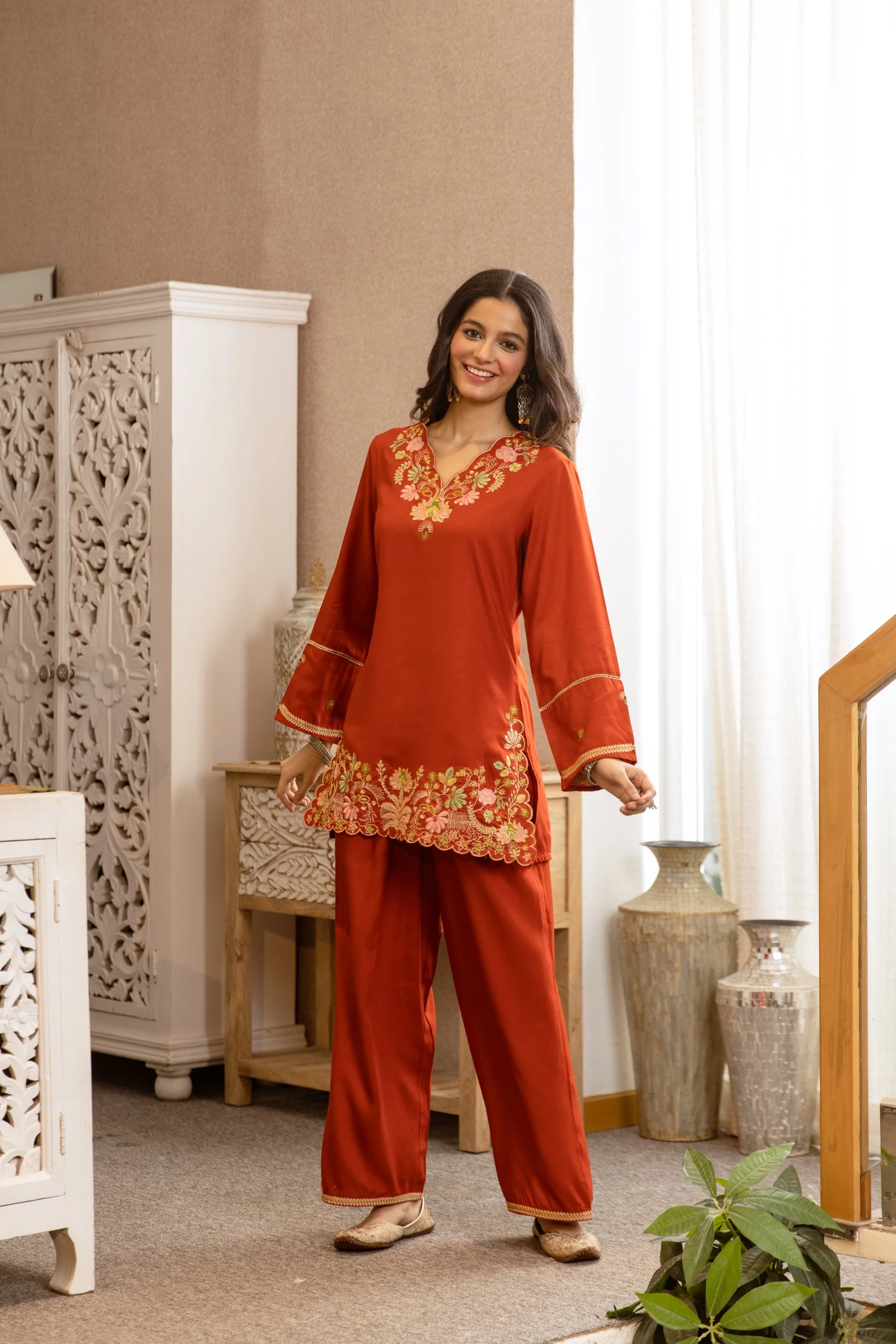 Karen Apricot Embroidery Cotton Co-ord Set - Image 3