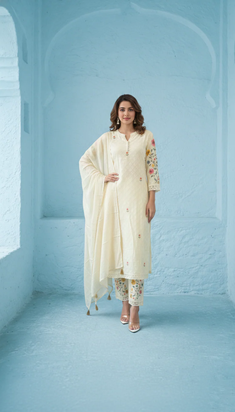 Kirti Mist Cotton Embroidered Suit Set - Image 12
