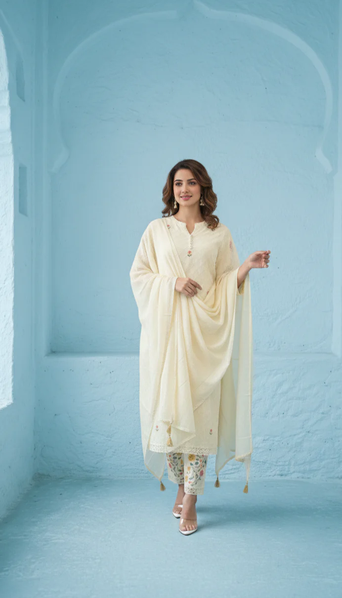 Kirti Mist Cotton Embroidered Suit Set - Image 13