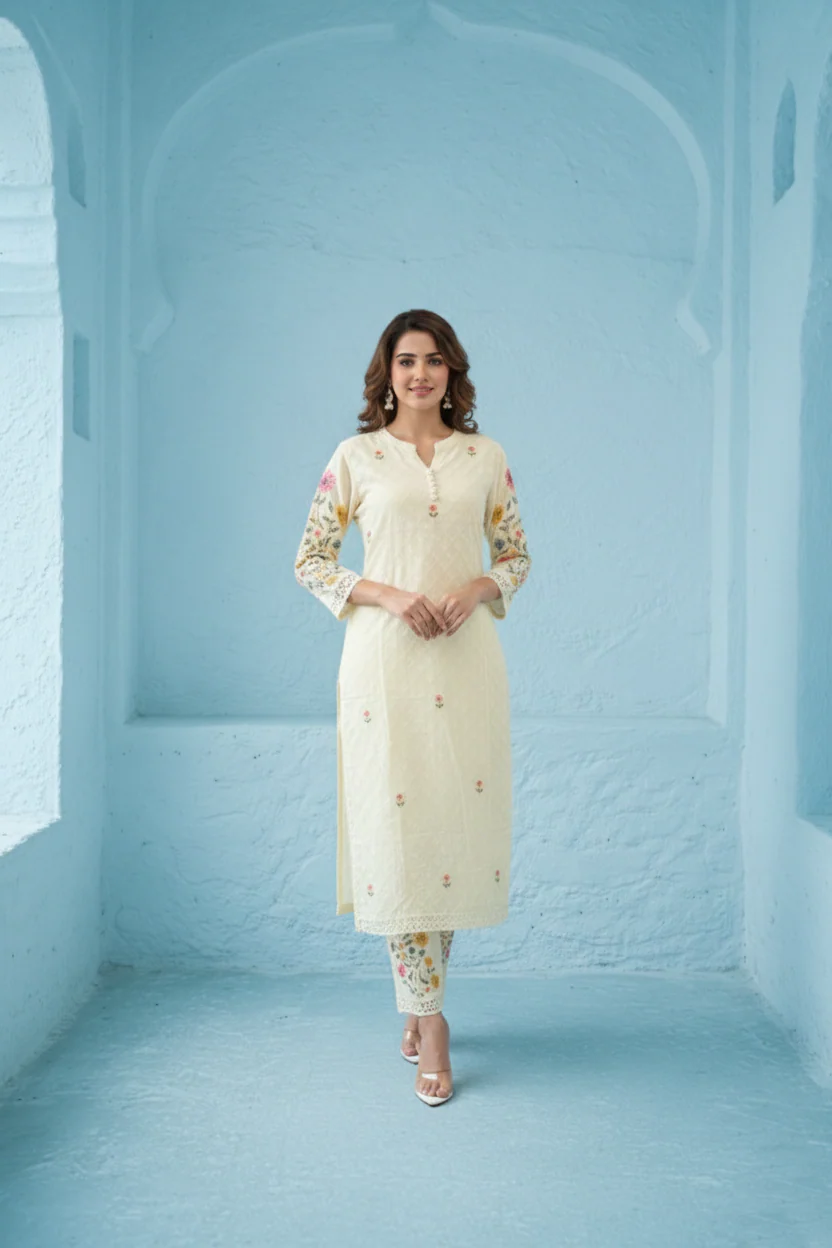 Kirti Mist Cotton Embroidered Suit Set - Image 14