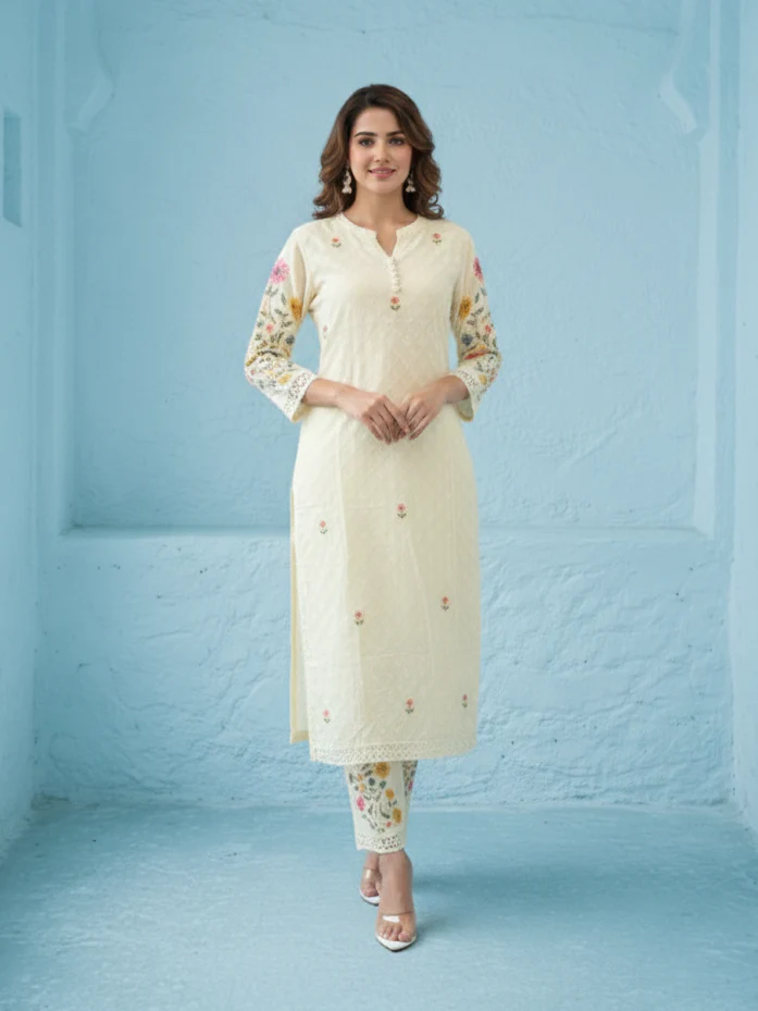 Kirti Mist Cotton Embroidered Suit Set - Image 7