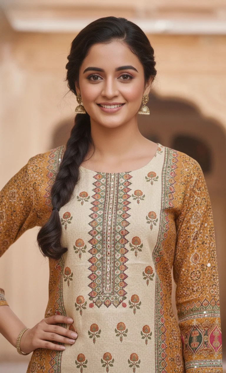Shanti Mustard Printed Suit set - Image 2