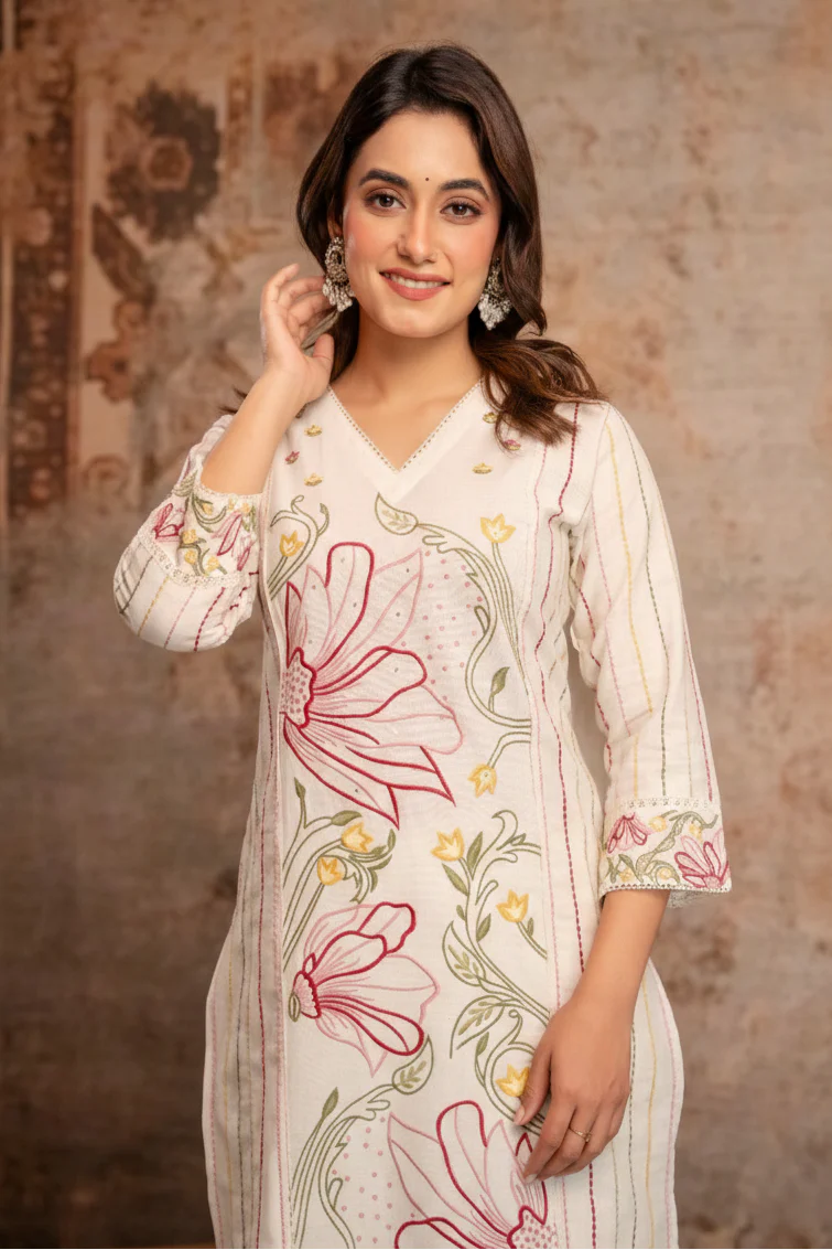 Viyona Flora Embroidered Kurta Pant Set - Image 2