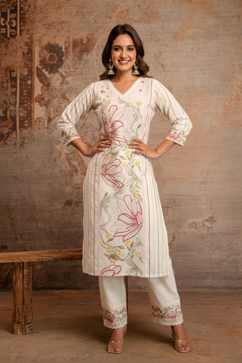 Viyona Flora Embroidered Kurta Pant Set - Image 7