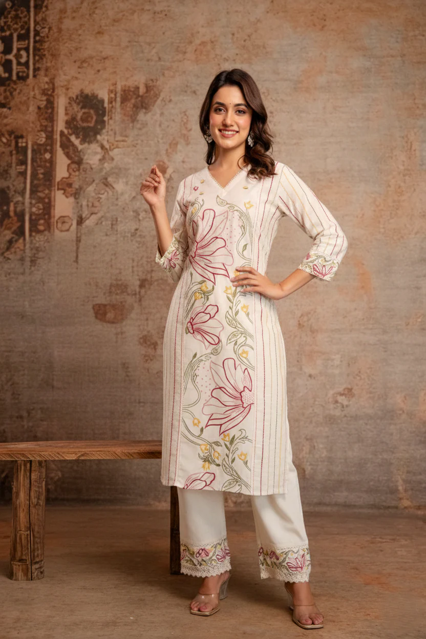 Viyona Flora Embroidered Kurta Pant Set - Image 8
