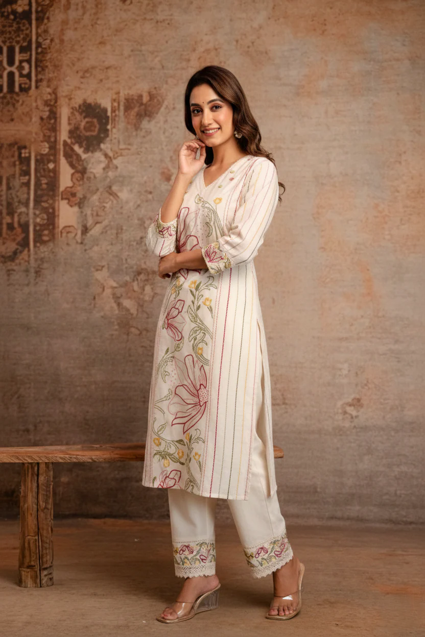 Viyona Flora Embroidered Kurta Pant Set - Image 9