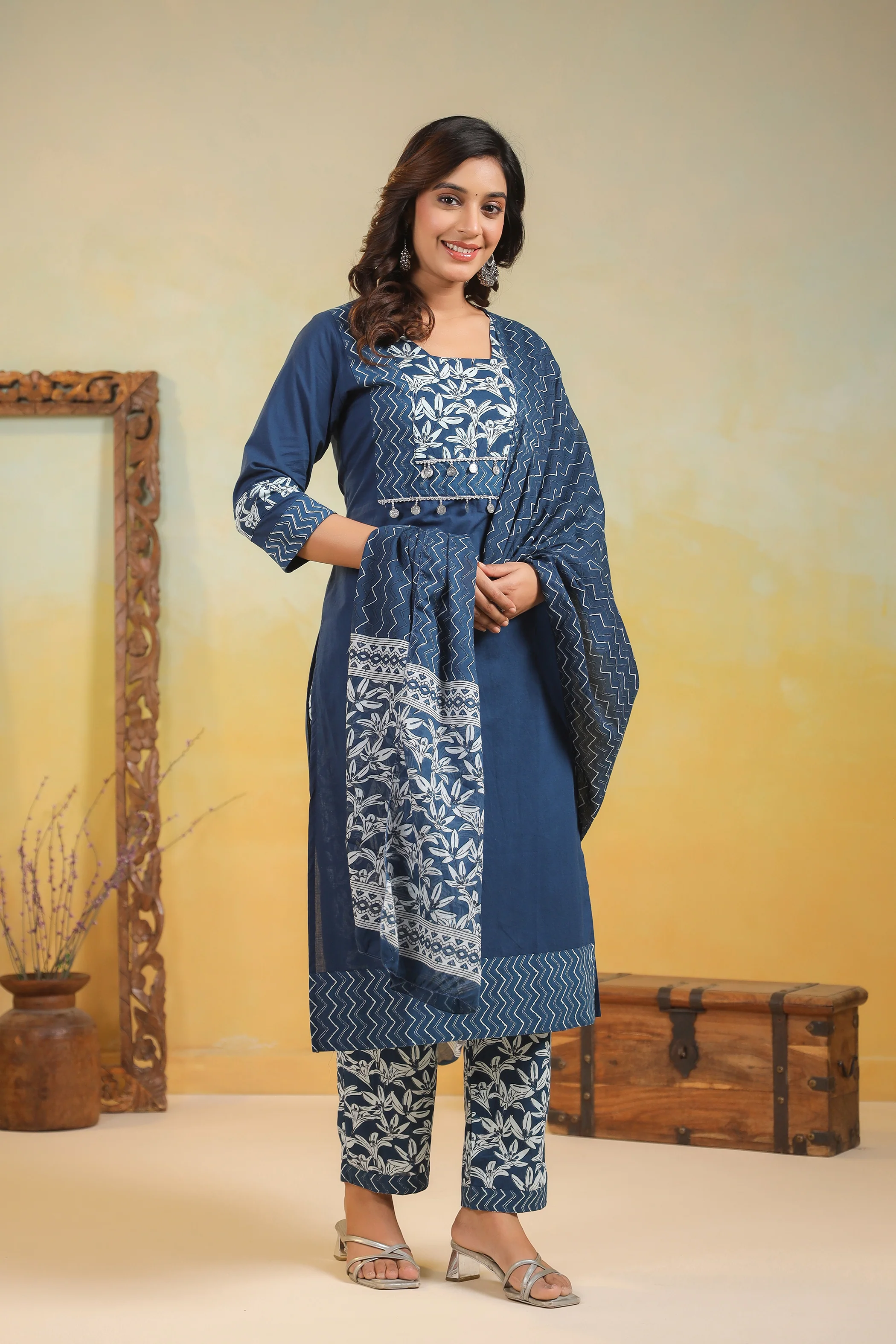ARANYA INDIGO IKAT PRINT PURE COTTON SUIT SET - Image 3