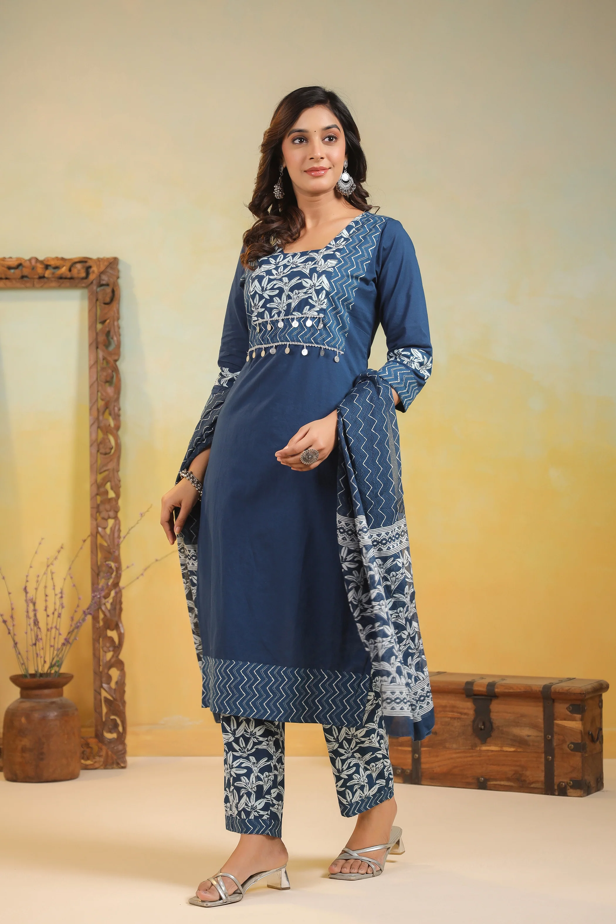 ARANYA INDIGO IKAT PRINT PURE COTTON SUIT SET - Image 4