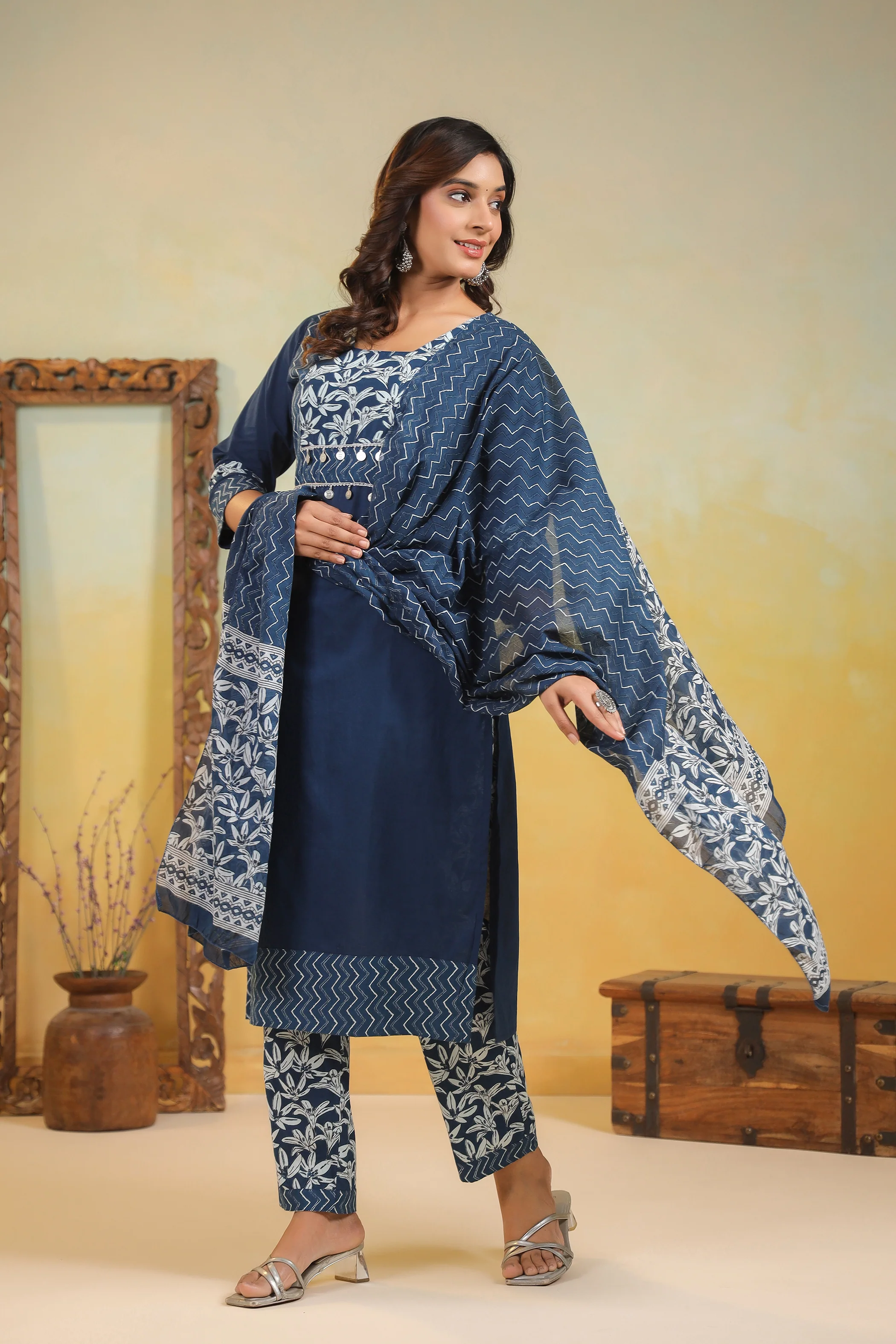ARANYA INDIGO IKAT PRINT PURE COTTON SUIT SET - Image 6
