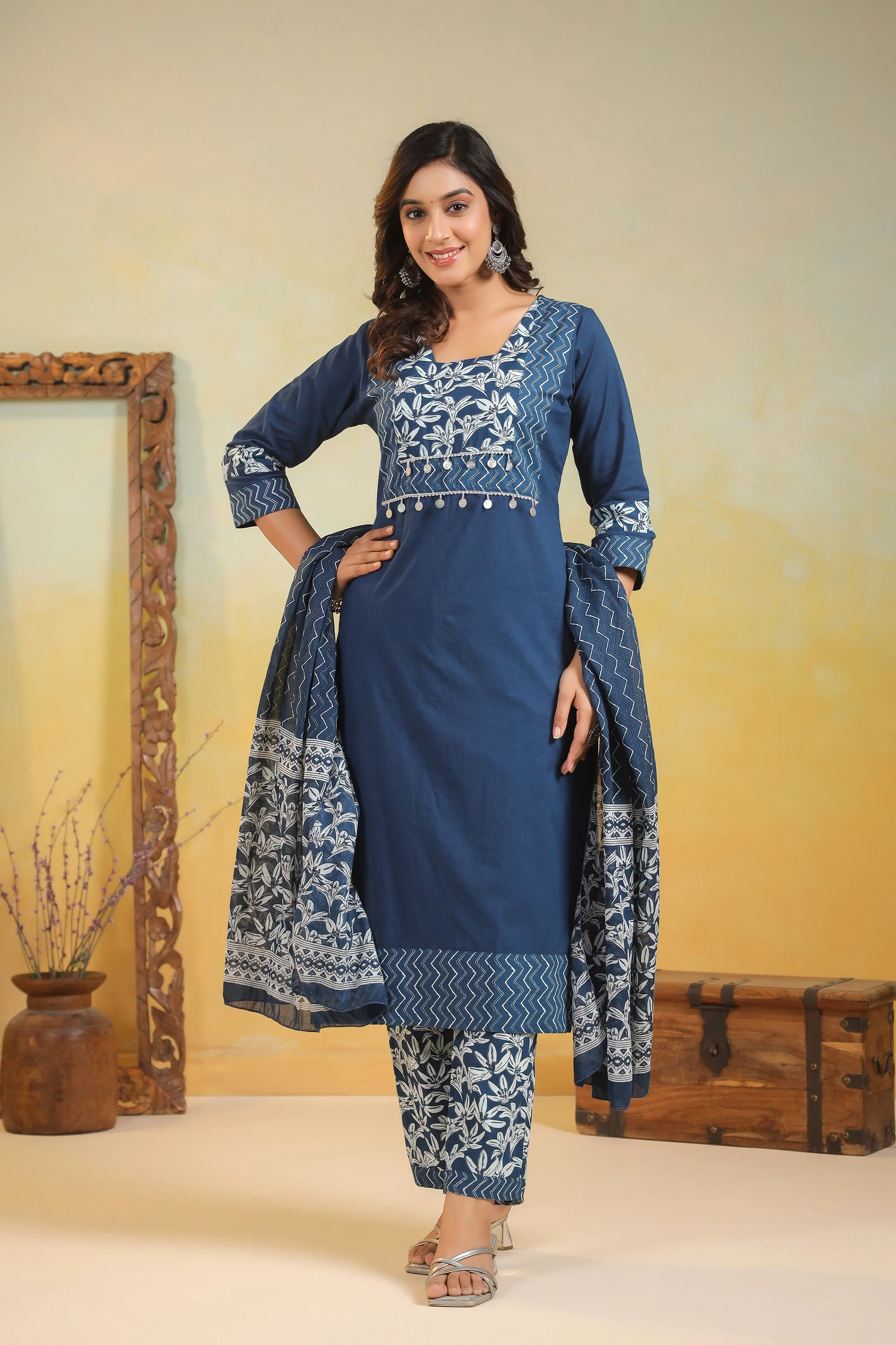 ARANYA INDIGO IKAT PRINT PURE COTTON SUIT SET - Image 7