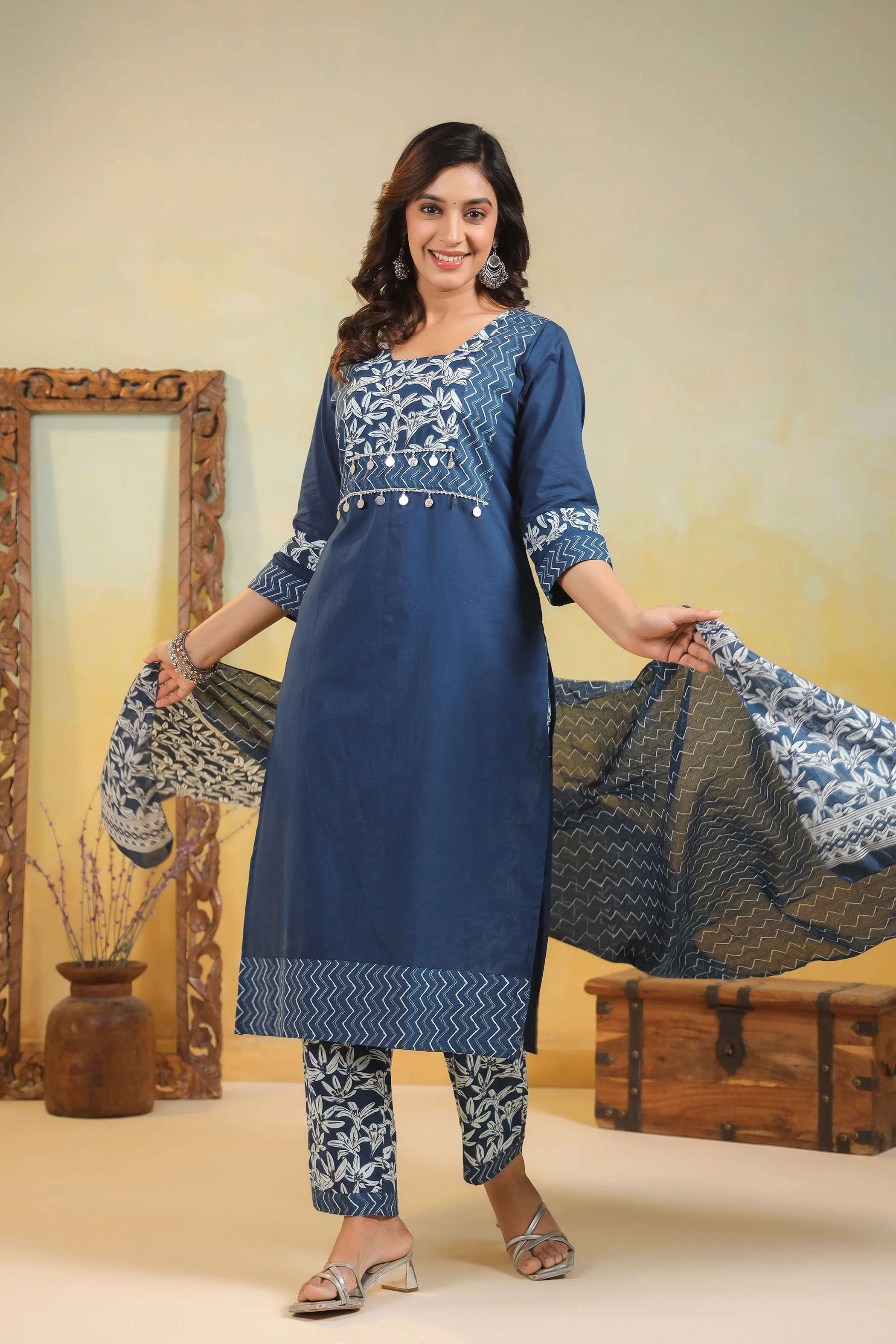ARANYA INDIGO IKAT PRINT PURE COTTON SUIT SET - Image 8