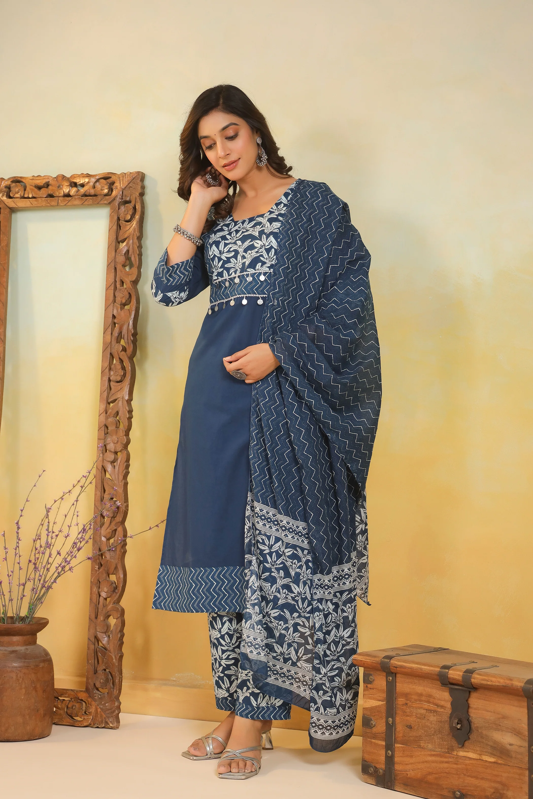 ARANYA INDIGO IKAT PRINT PURE COTTON SUIT SET - Image 9