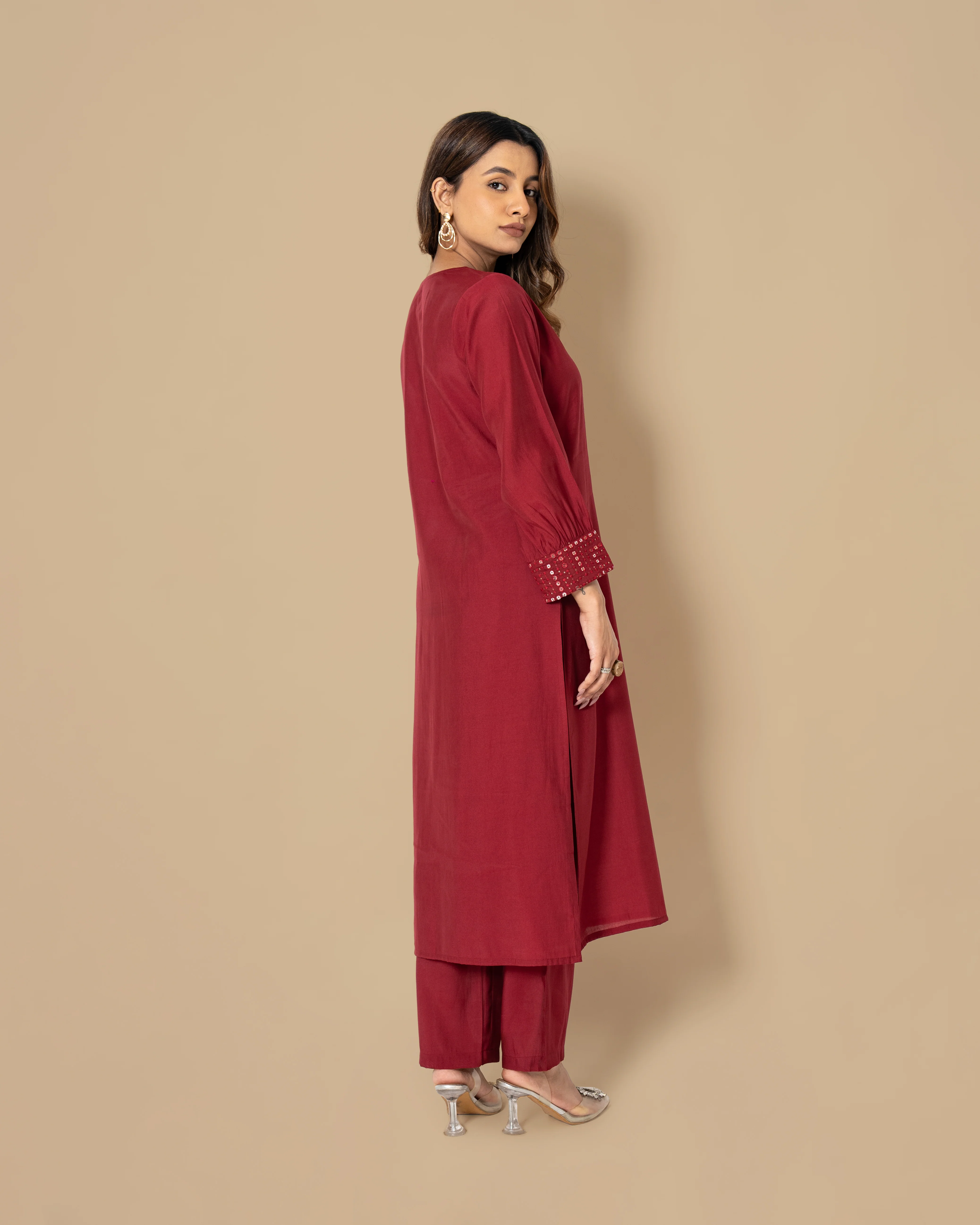 Naina Merlot Mirror Work Kurta Pant Set - Image 3