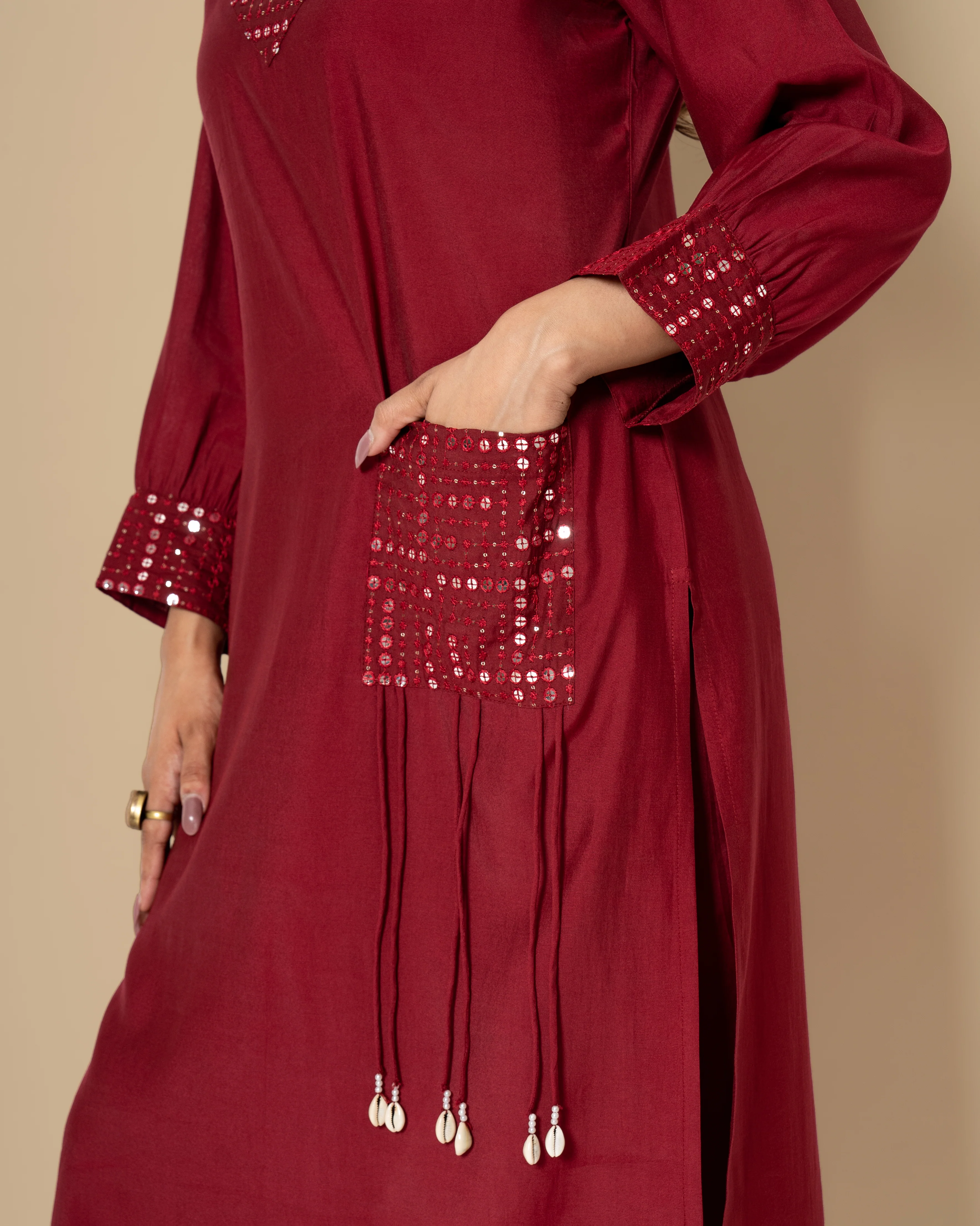 Naina Merlot Mirror Work Kurta Pant Set - Image 4