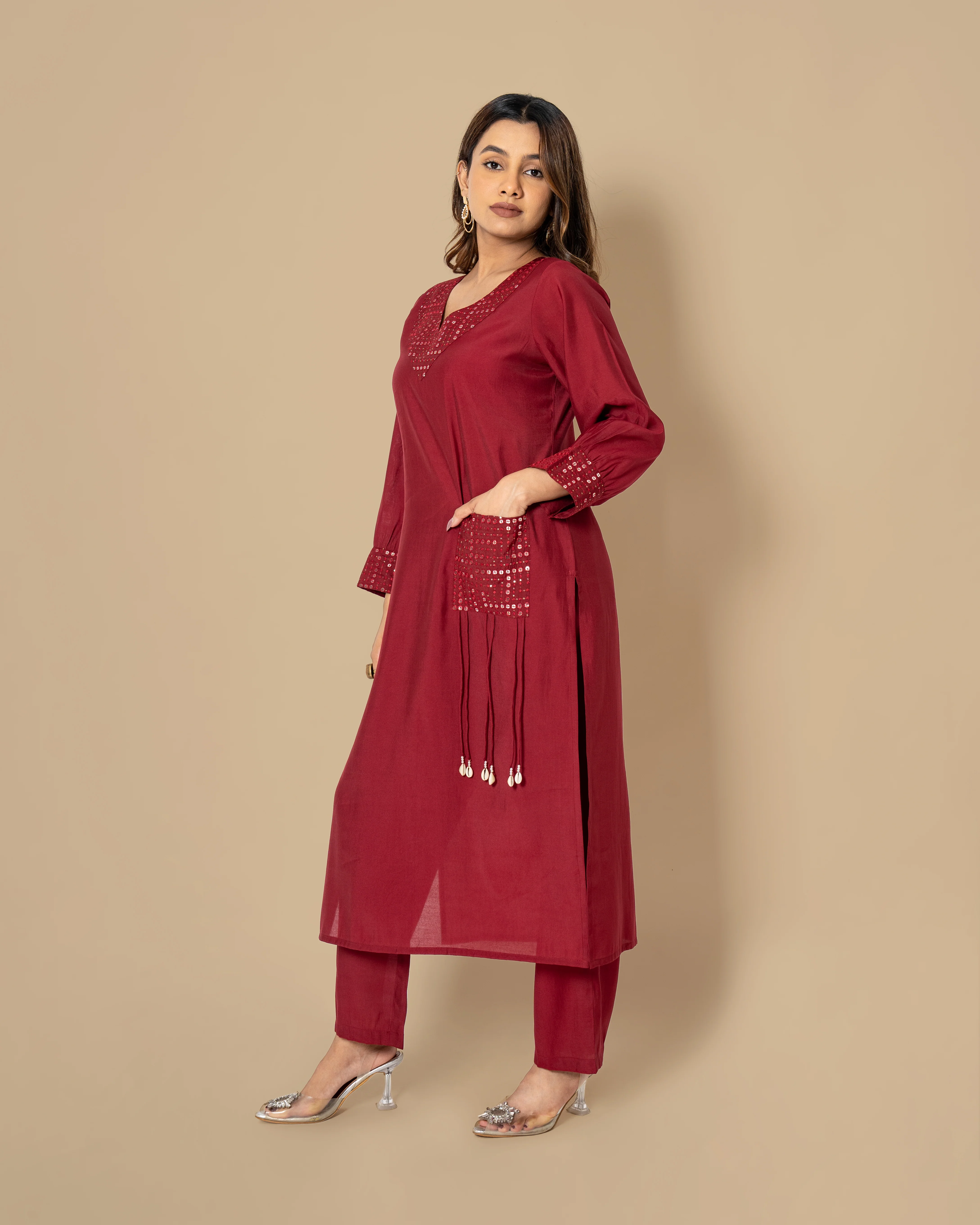 Naina Merlot Mirror Work Kurta Pant Set - Image 5