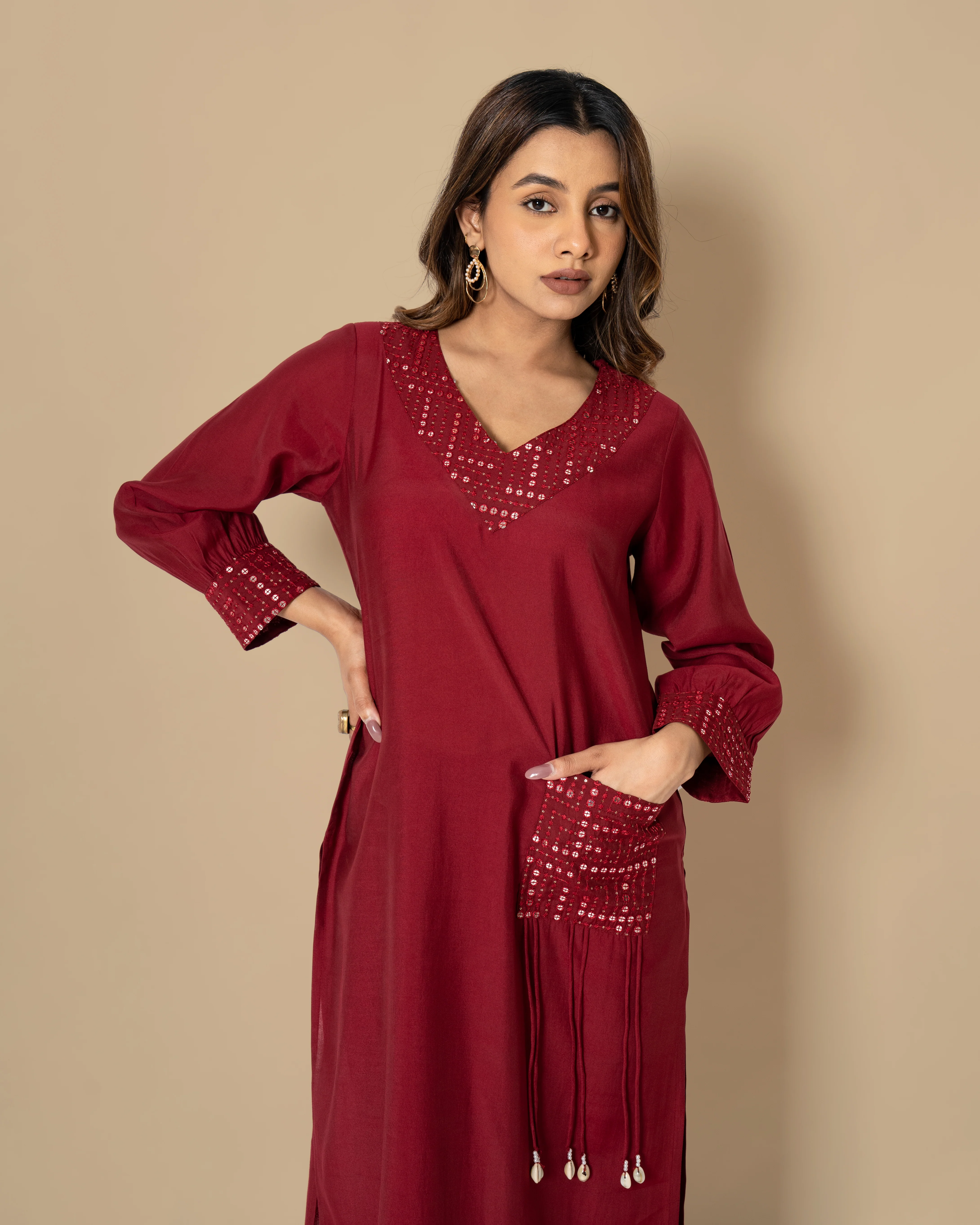 Naina Merlot Mirror Work Kurta Pant Set - Image 6