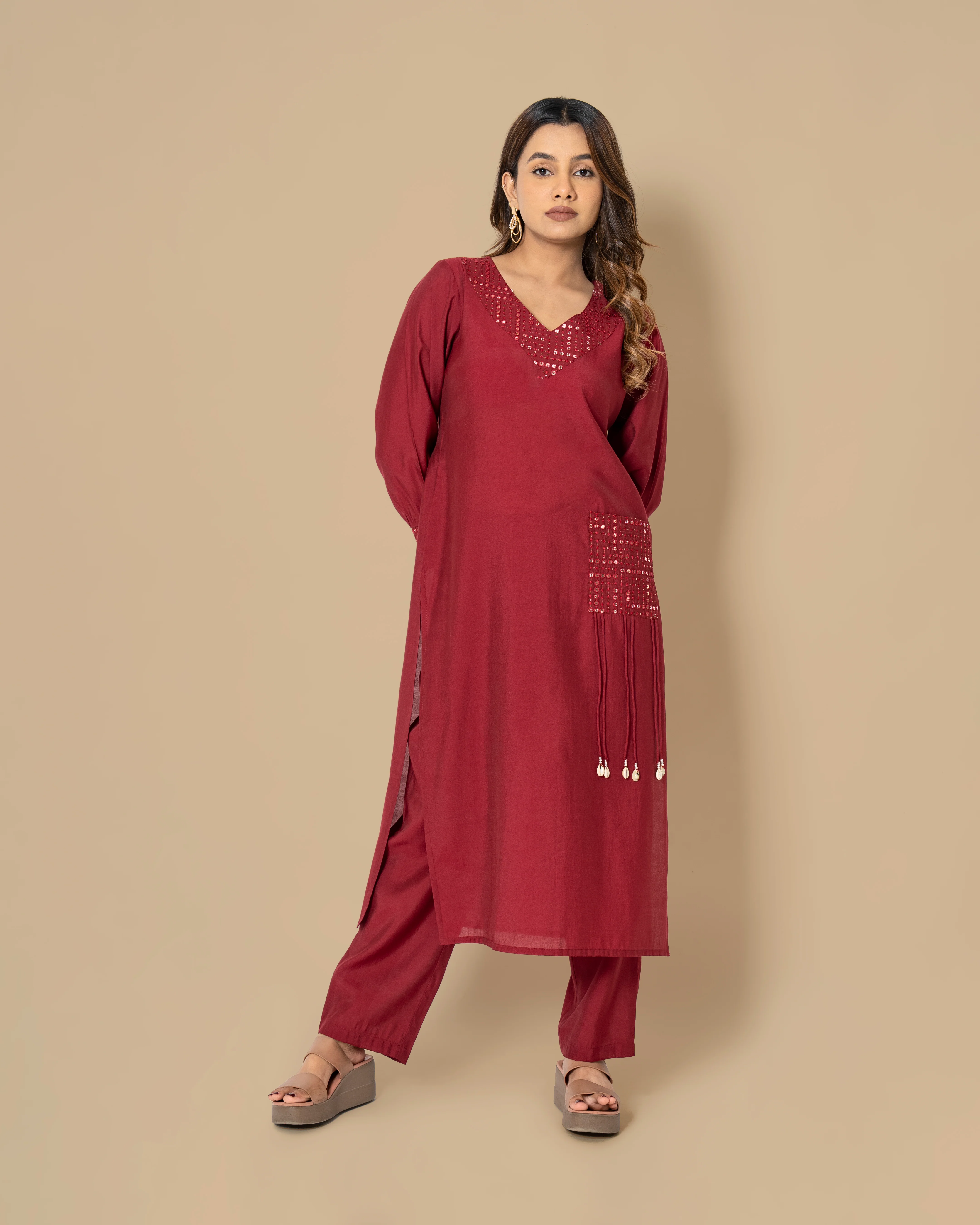Naina Merlot Mirror Work Kurta Pant Set - Image 7