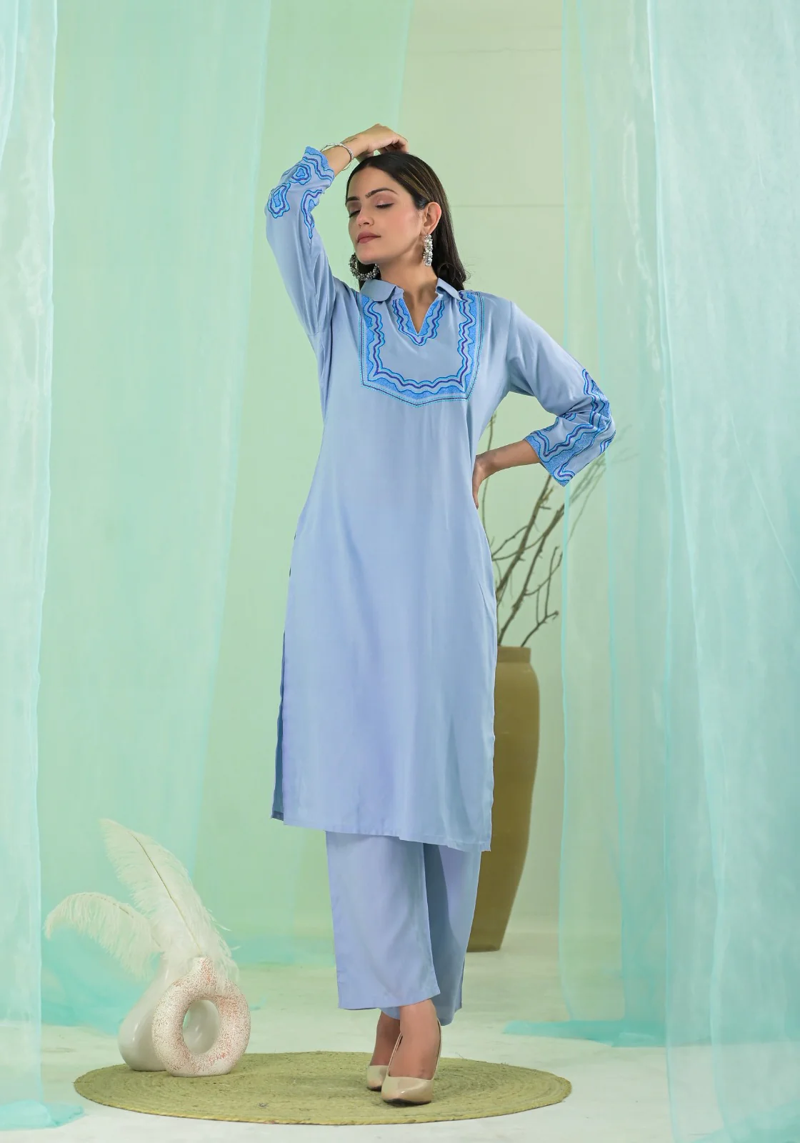VARTIKA SKY EMBROIDERED KURTA PANT SET - Image 10
