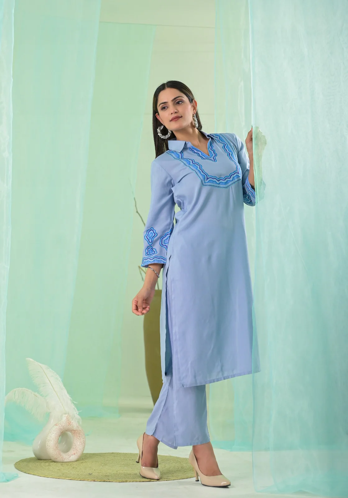 VARTIKA SKY EMBROIDERED KURTA PANT SET - Image 3