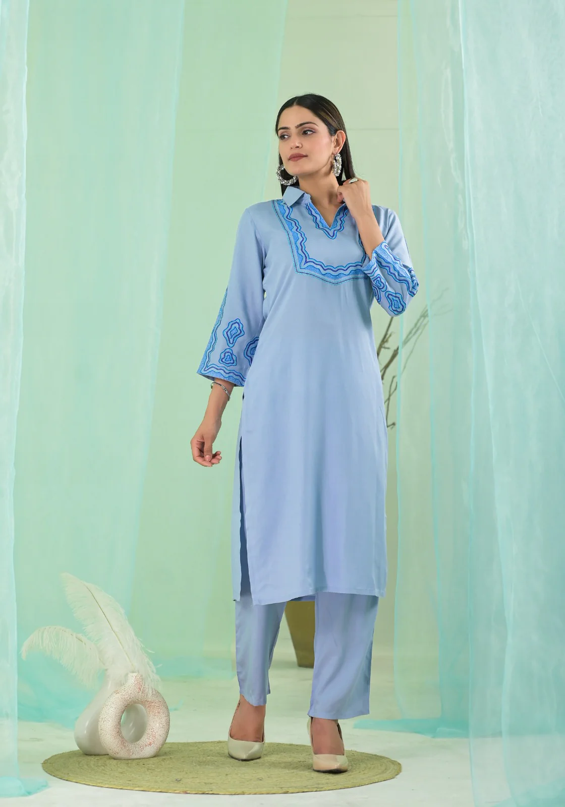 VARTIKA SKY EMBROIDERED KURTA PANT SET - Image 5