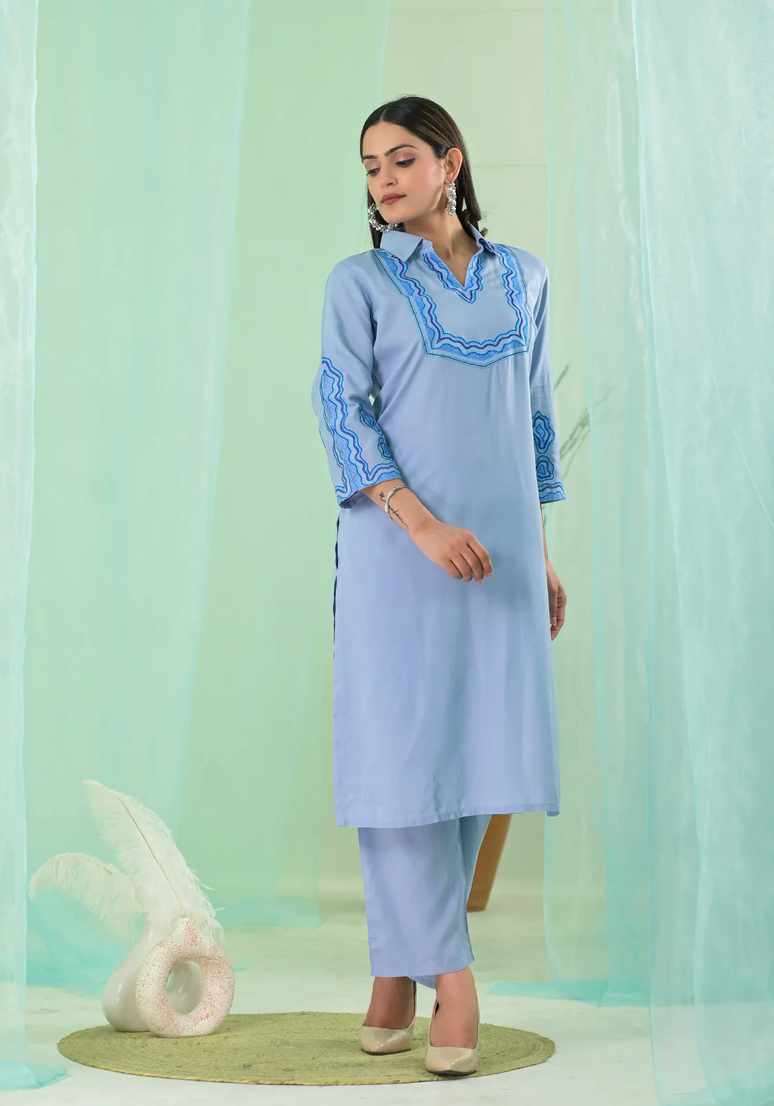 VARTIKA SKY EMBROIDERED KURTA PANT SET - Image 6