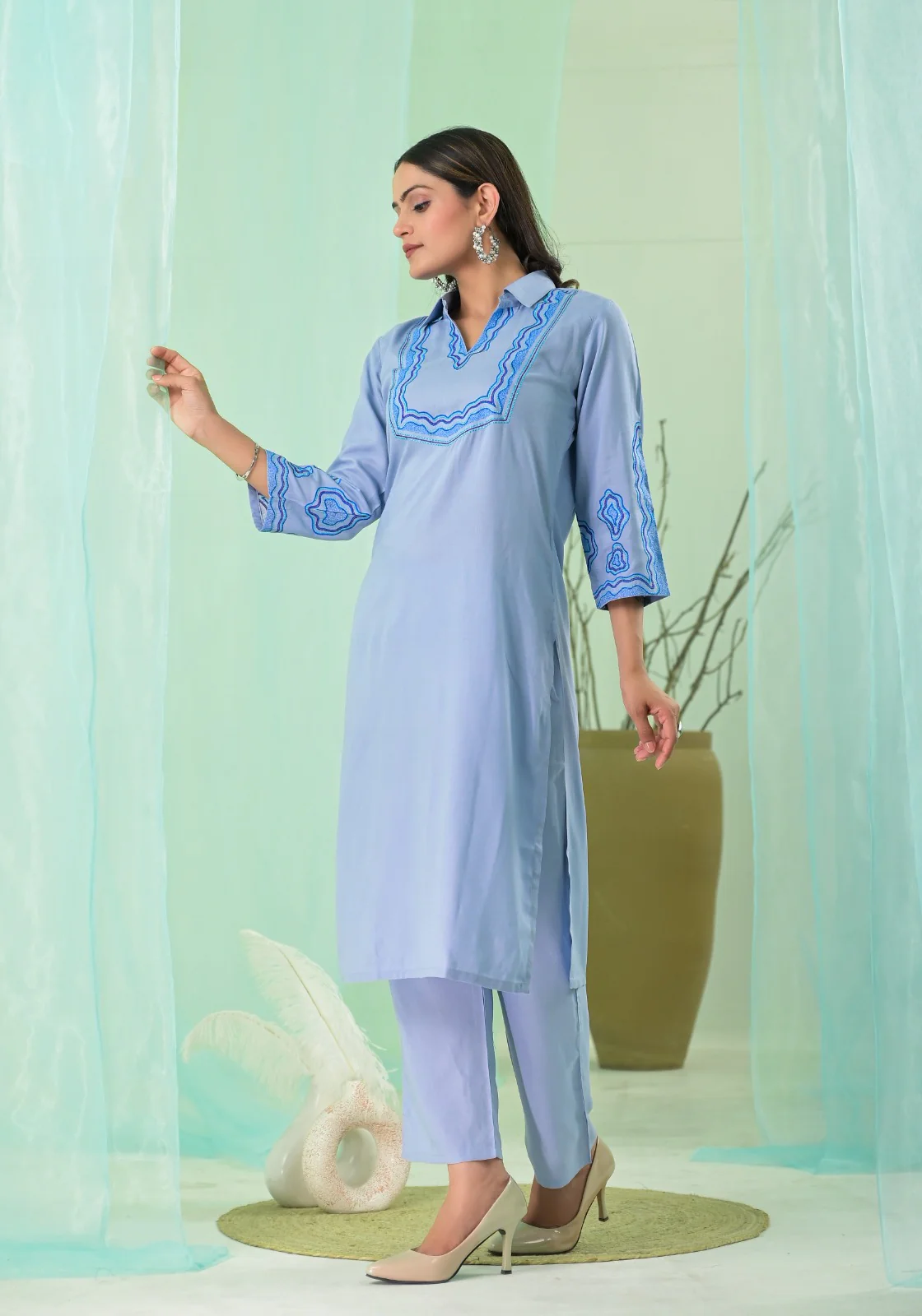 VARTIKA SKY EMBROIDERED KURTA PANT SET - Image 9