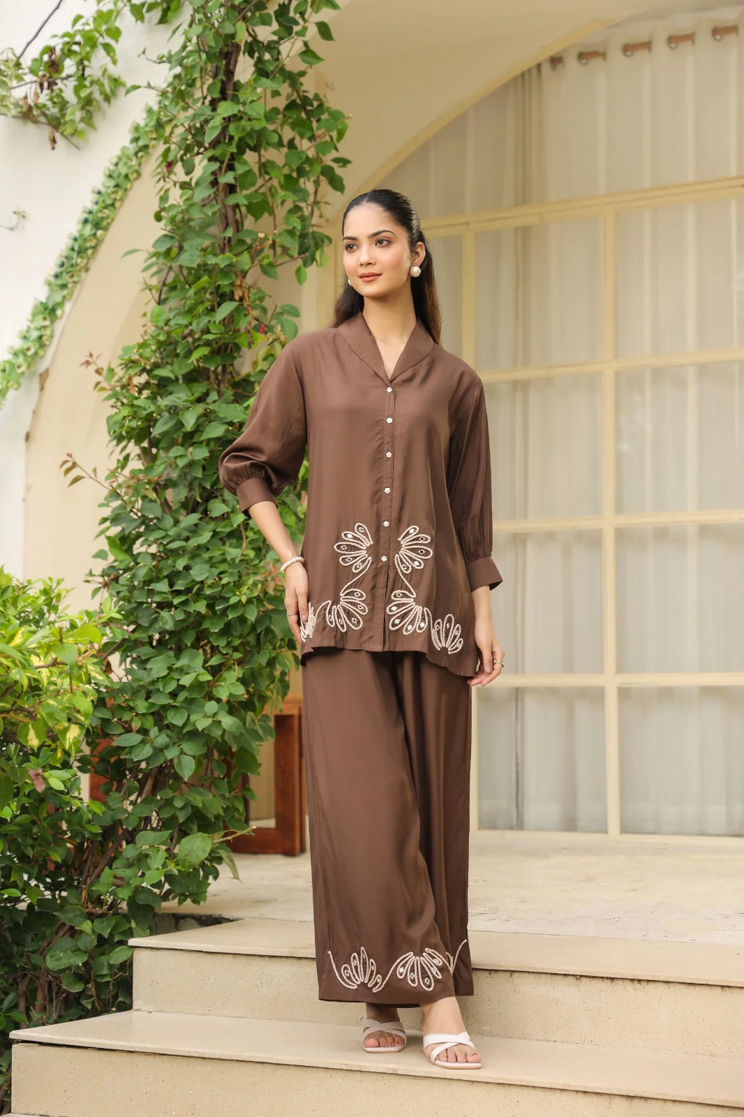 Sargi coffee embroidery cotton co-ord set - Image 3