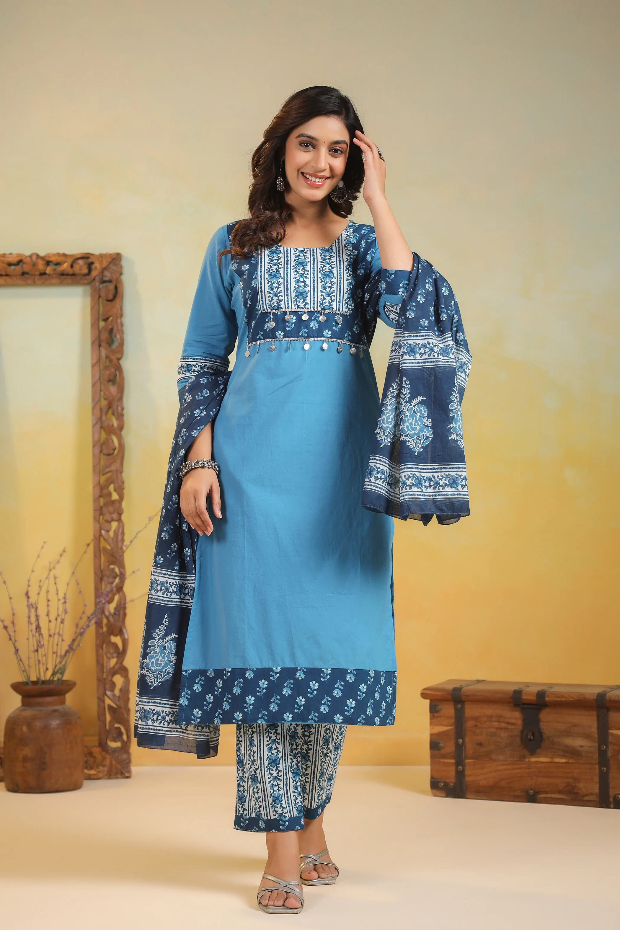 Kashwini Aqua Printed Cotton Suit Set - Image 8
