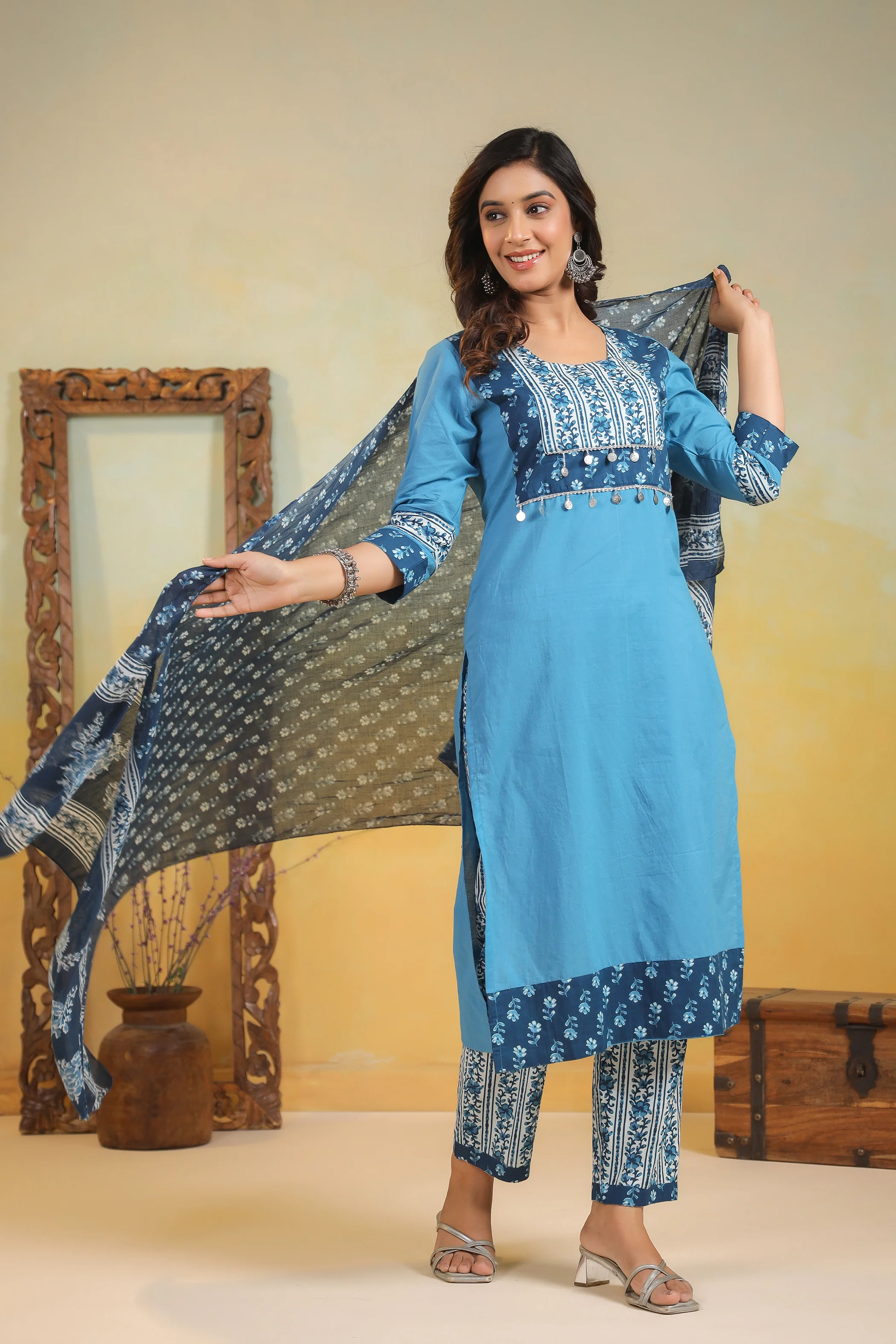 Kashwini Aqua Printed Cotton Suit Set - Image 9