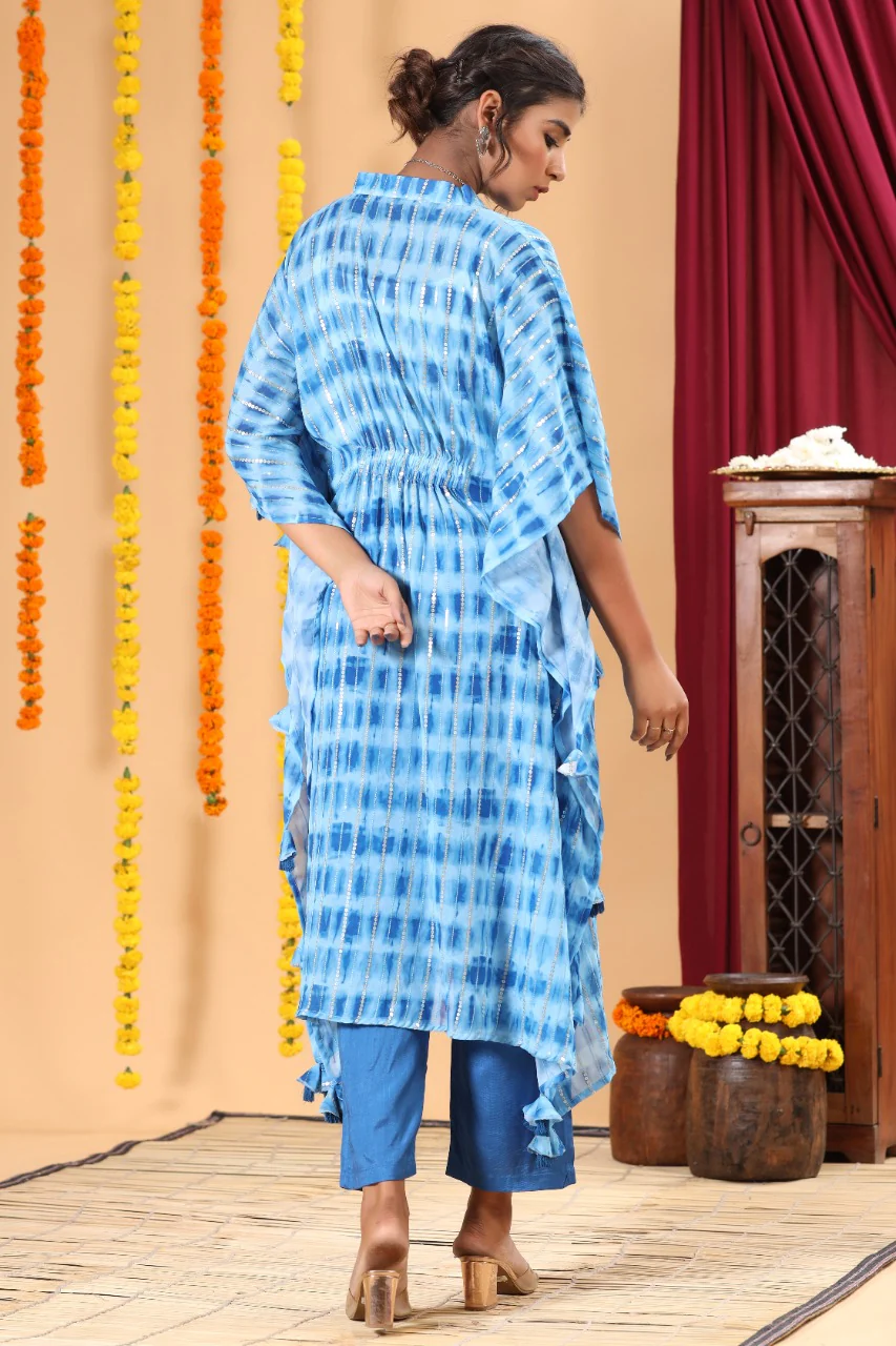 Surreal Blue Shibori Work Kaftaan Pant Set - Image 4