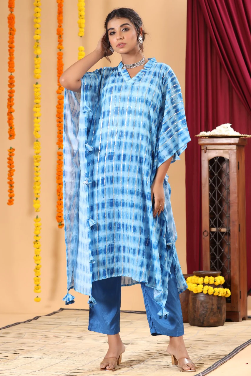 Surreal Blue Shibori Work Kaftaan Pant Set - Image 6
